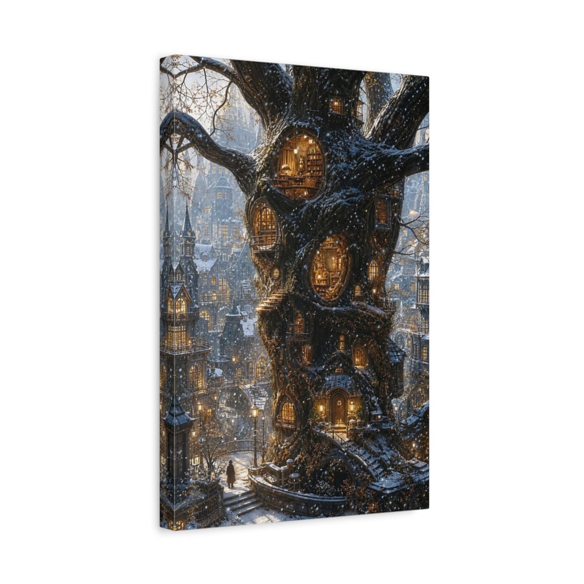 Fairytale Treehouse City Winter Tree Canvas Wall Art Print – Fantasy Living Room, Large - YesArtYes