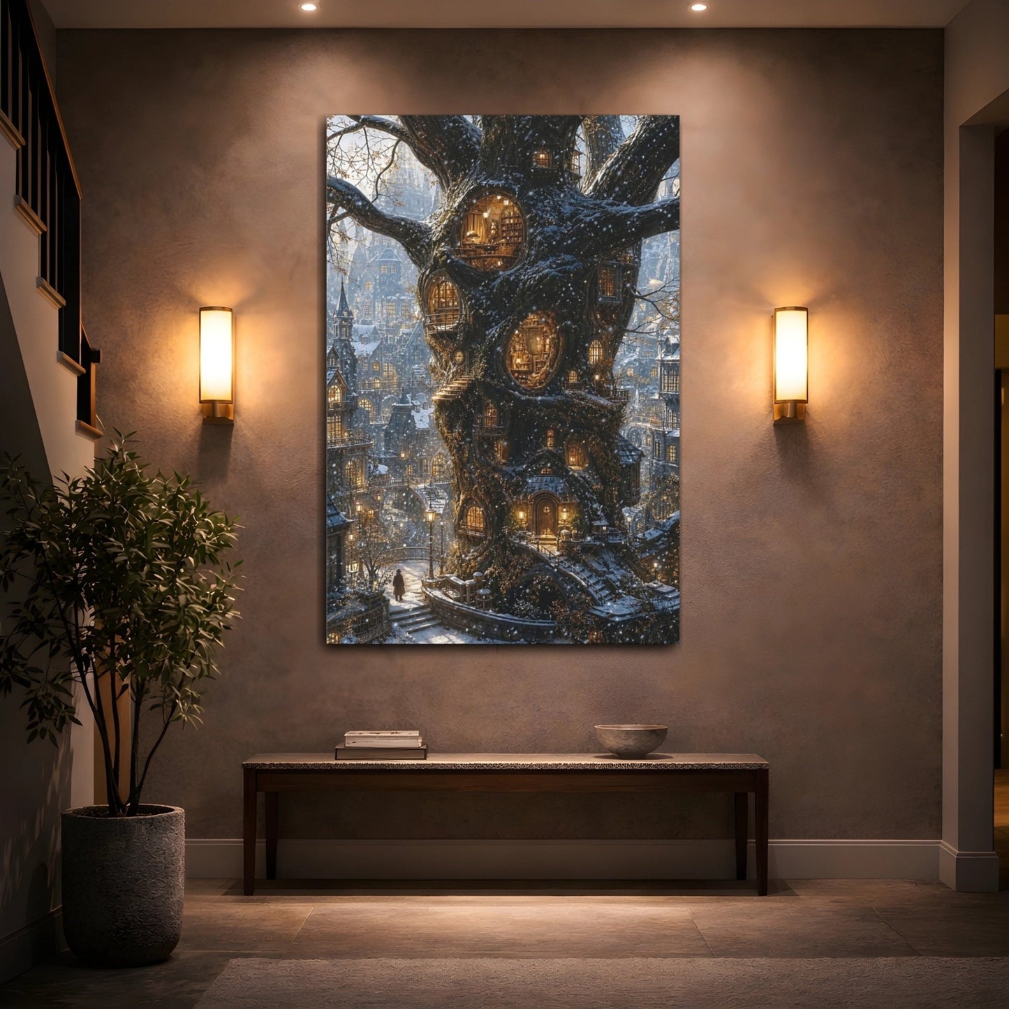 Fairytale Treehouse City Winter Tree Canvas Wall Art Print – Fantasy Living Room, Large - YesArtYes