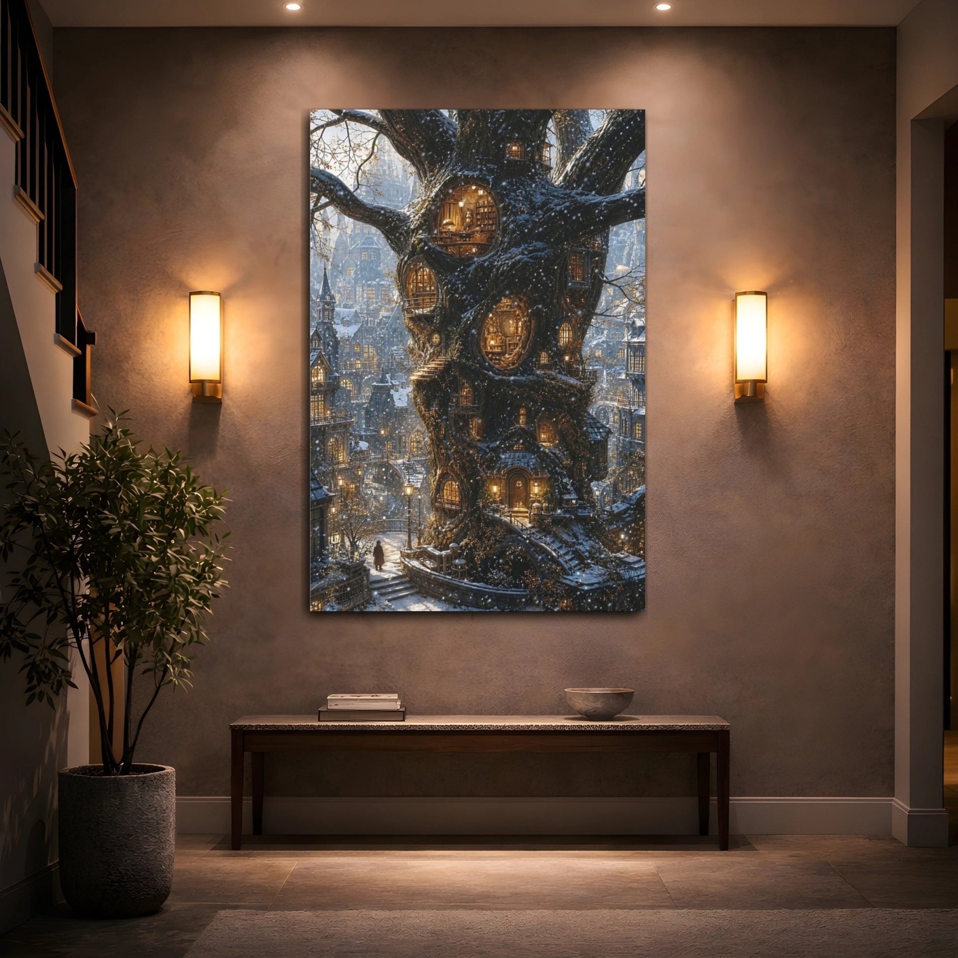 Fairytale Treehouse City Winter Tree Canvas Wall Art Print – Fantasy Living Room, Large - YesArtYes