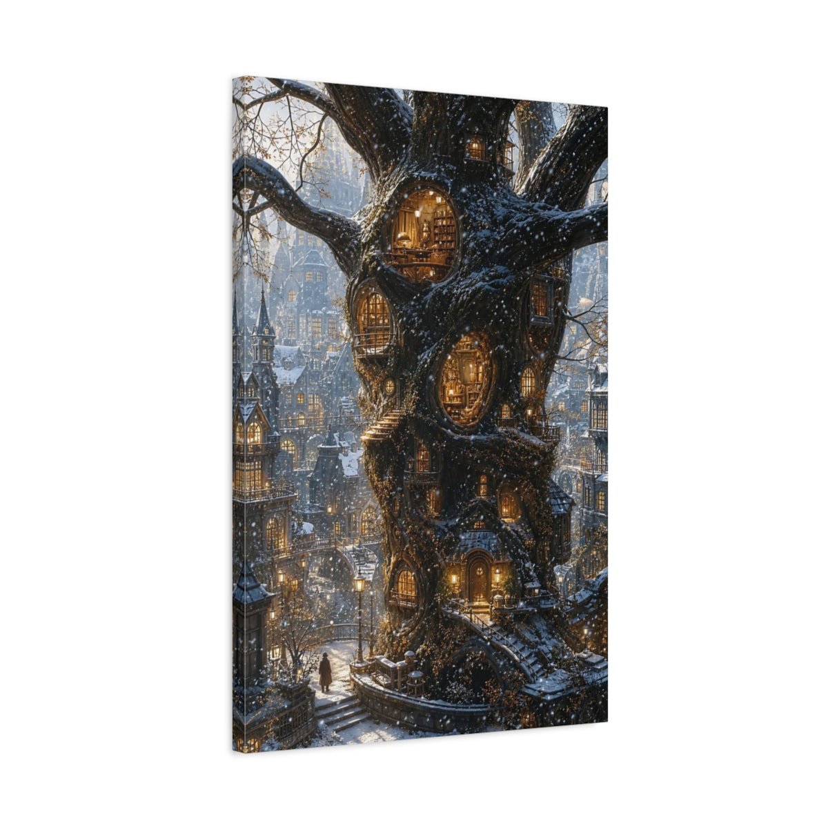 Fairytale Treehouse City Winter Tree Canvas Wall Art Print – Fantasy Living Room, Large - YesArtYes