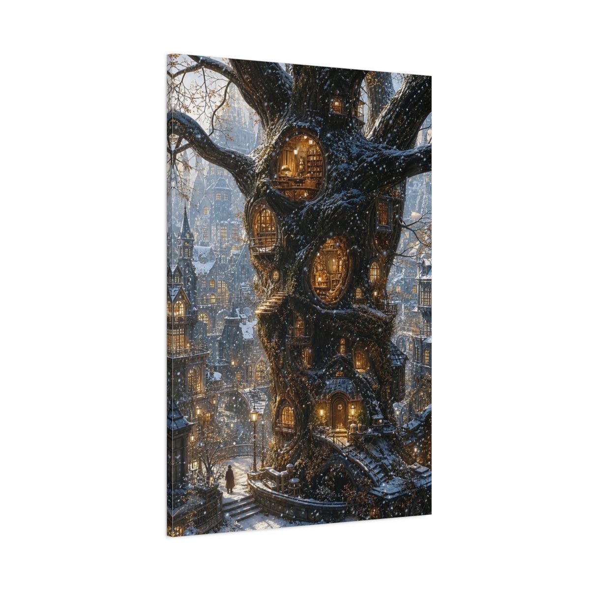 Fairytale Treehouse City Winter Tree Canvas Wall Art Print – Fantasy Living Room, Large - YesArtYes