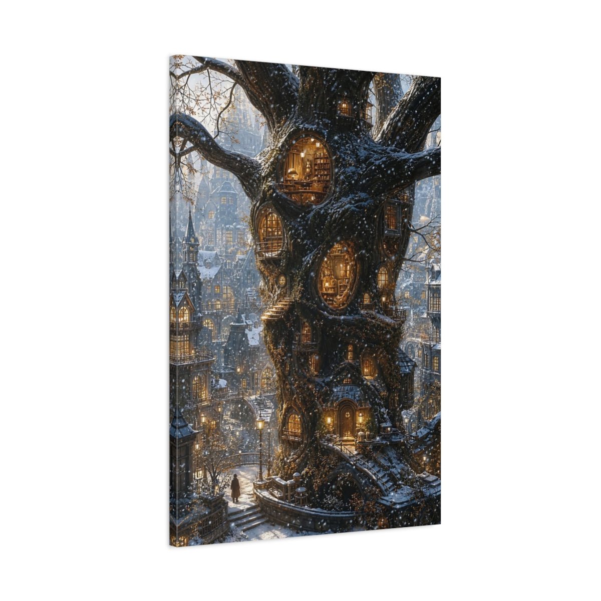 Fairytale Treehouse City Winter Tree Canvas Wall Art Print – Fantasy Living Room, Large - YesArtYes
