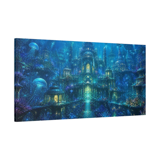 Main Mockup. Fairytale Underwater City Vibrant Blue shown as stretched canvas wall art