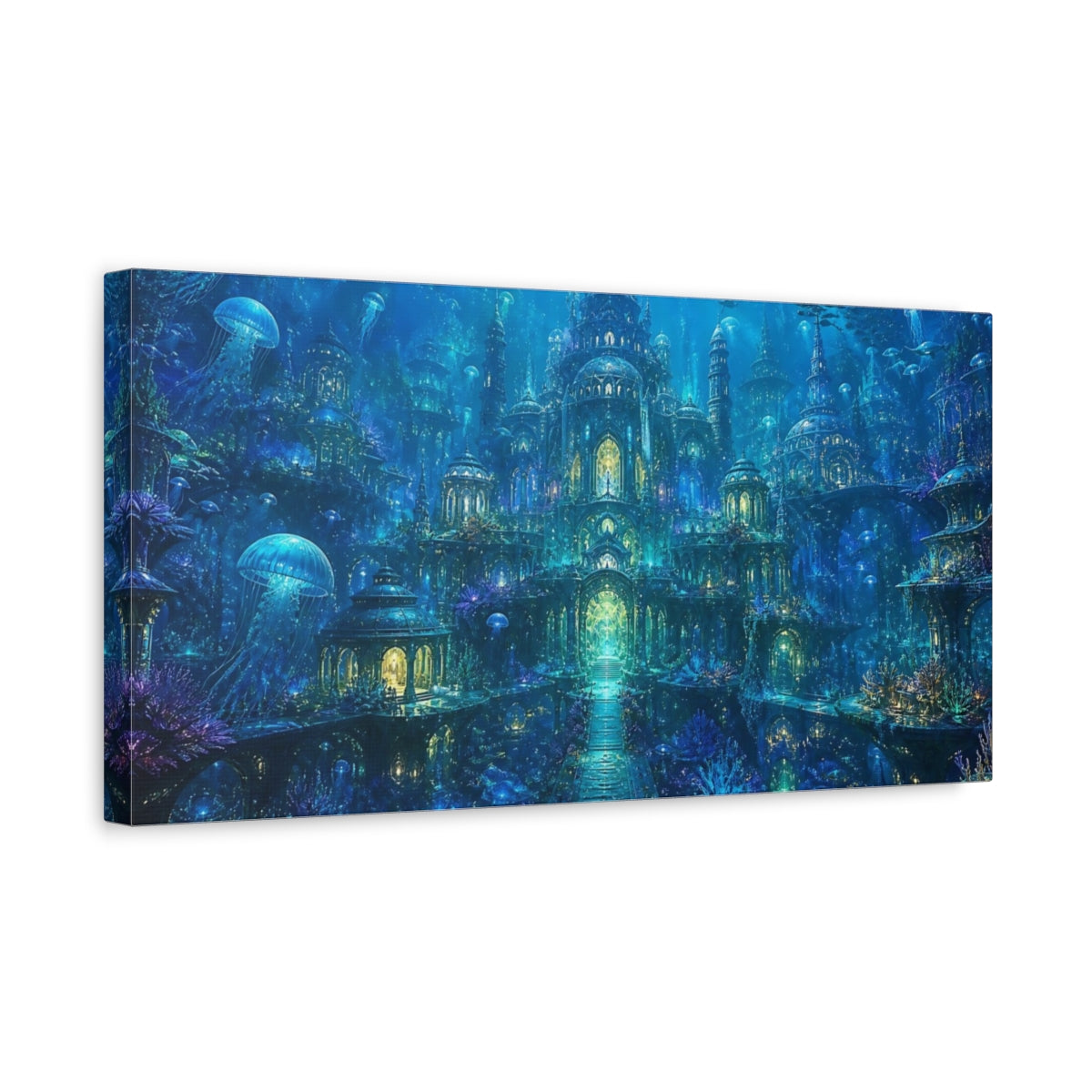 Side Mockup 3. Fairytale Underwater City Vibrant Blue shown as stretched canvas wall art