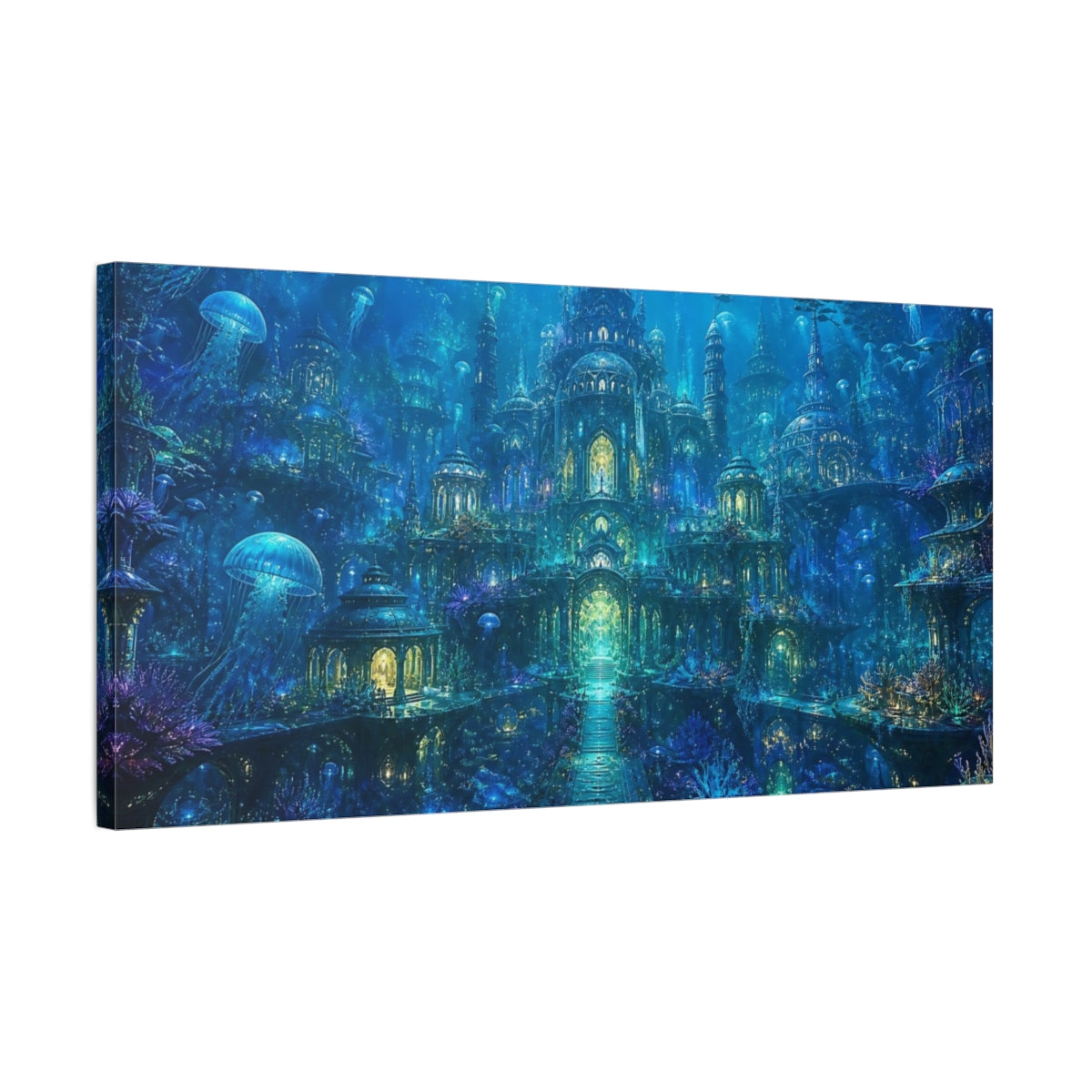Side Mockup 1. Fairytale Underwater City Vibrant Blue shown as stretched canvas wall art