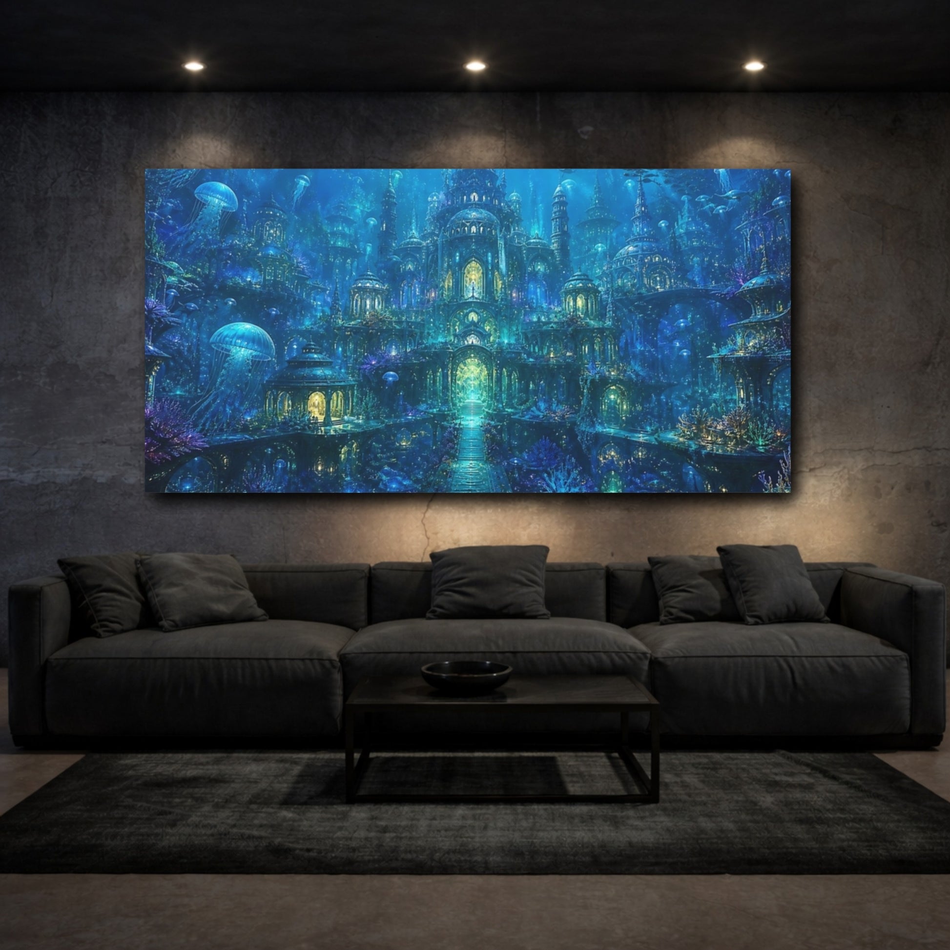 Mockup 2. Fairytale Underwater City Vibrant Blue shown as stretched canvas wall art