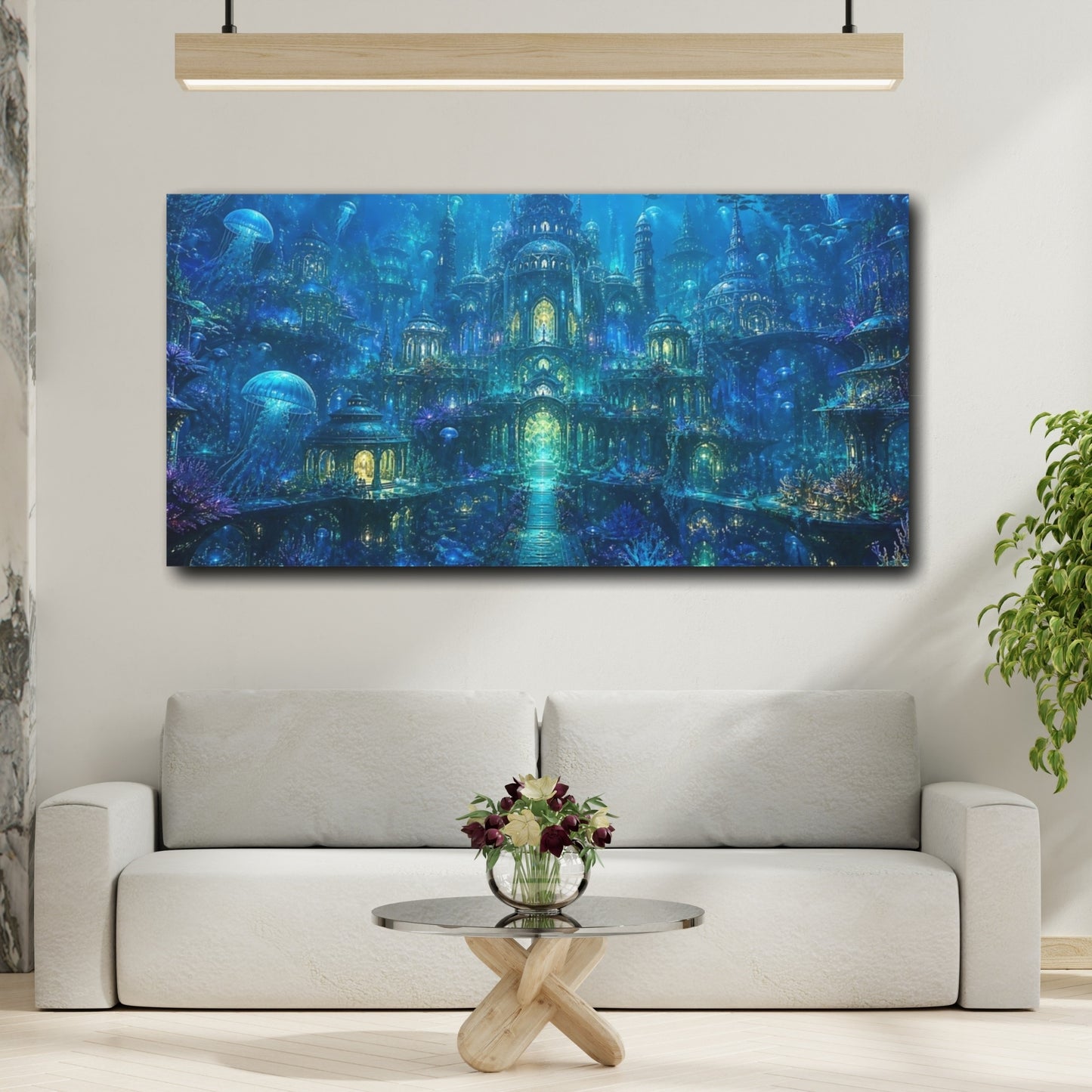 Mockup 3. Fairytale Underwater City Vibrant Blue shown as stretched canvas wall art