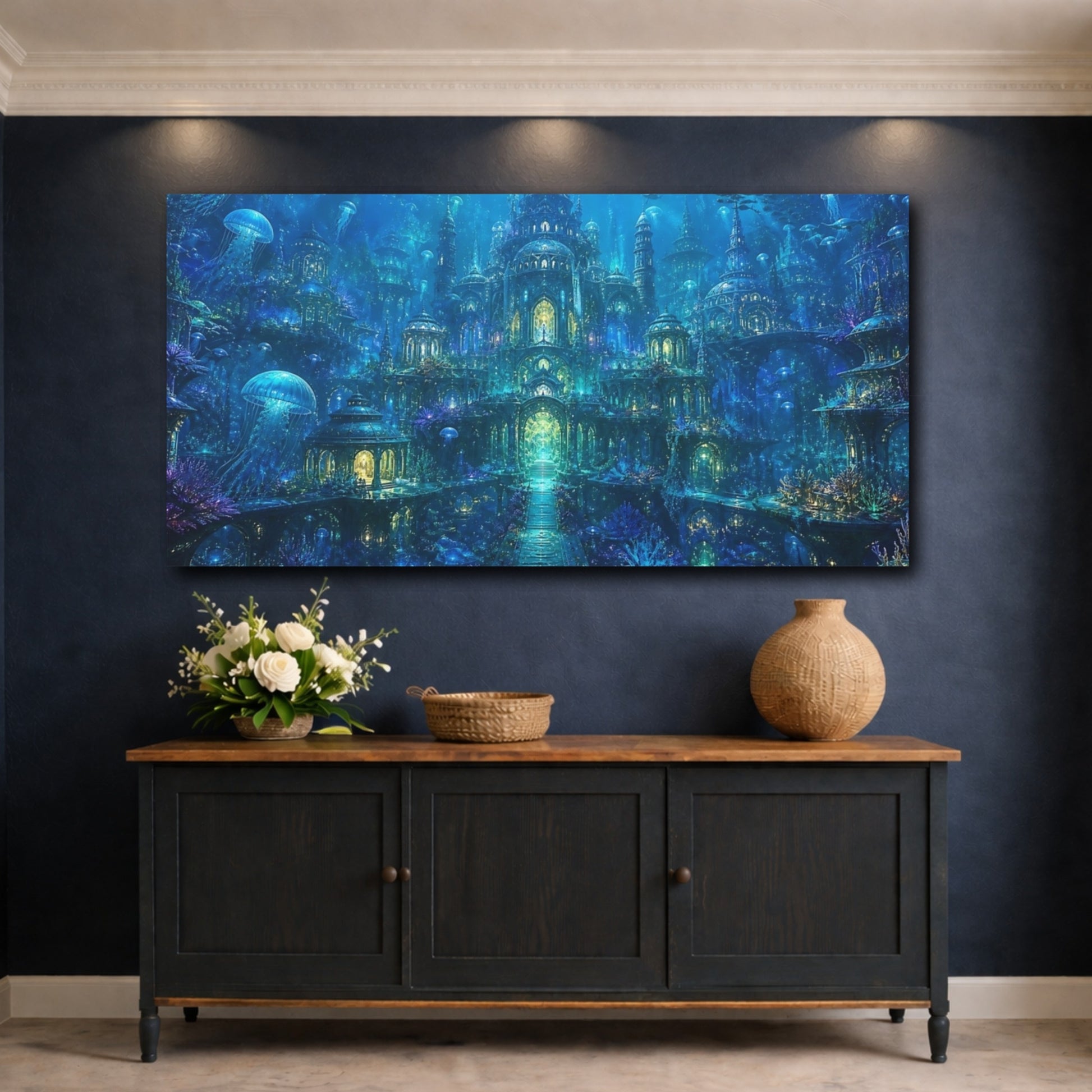 Mockup 4. Fairytale Underwater City Vibrant Blue shown as stretched canvas wall art