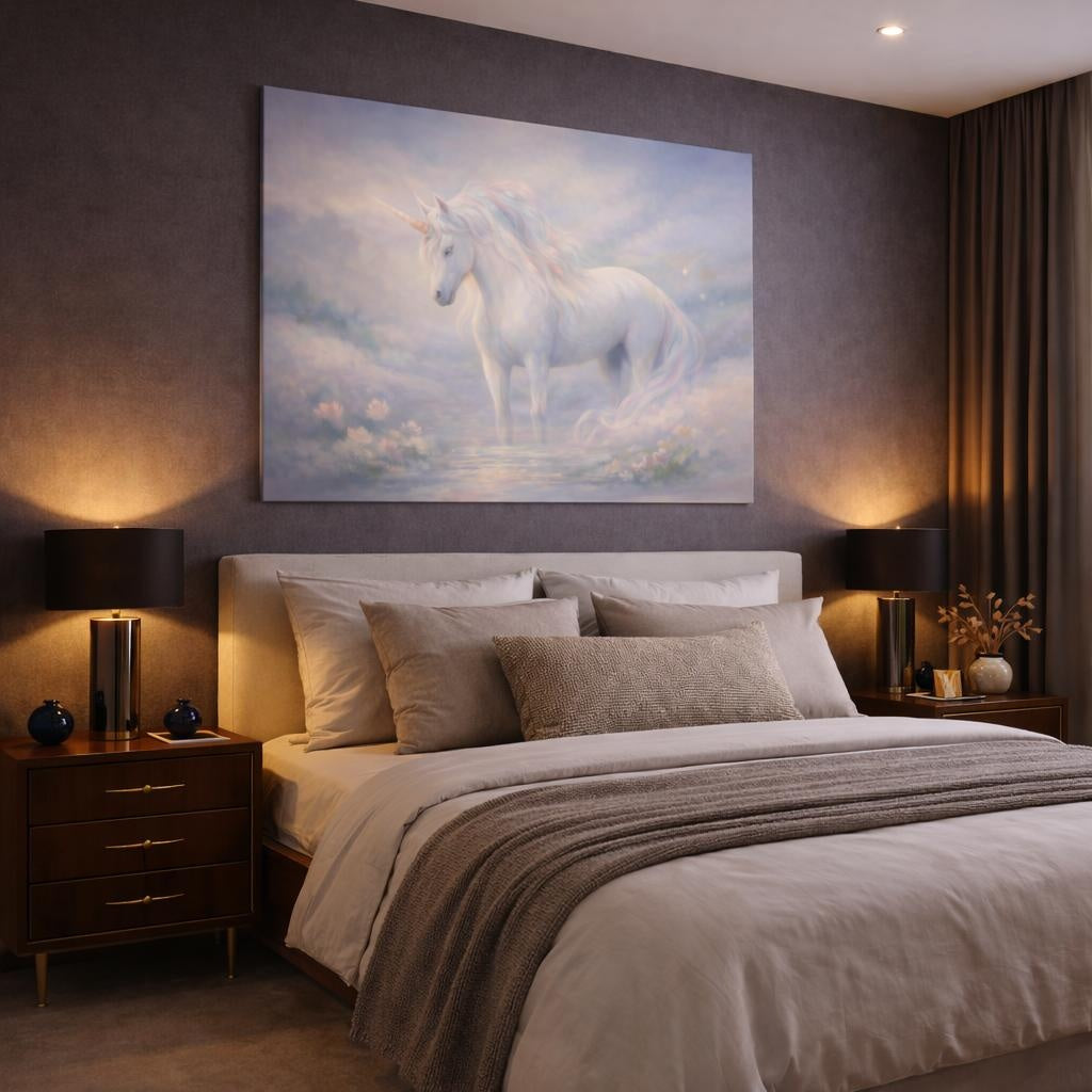 Fairytale Unicorn White Pastel shown as canvas wall art in a luxury bedroom