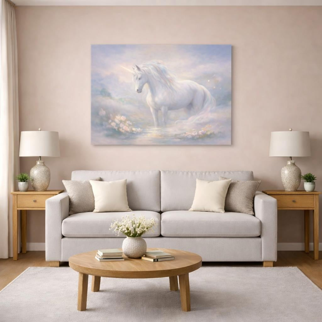 Fairytale Unicorn White Pastel shown as canvas wall art in a modern living room