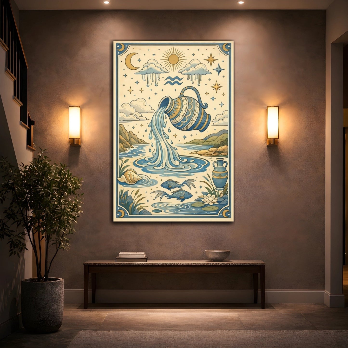 Fairytale Water Bearer Blue And Gold Zodiac - Canvas Wall Art Print - YesArtYes