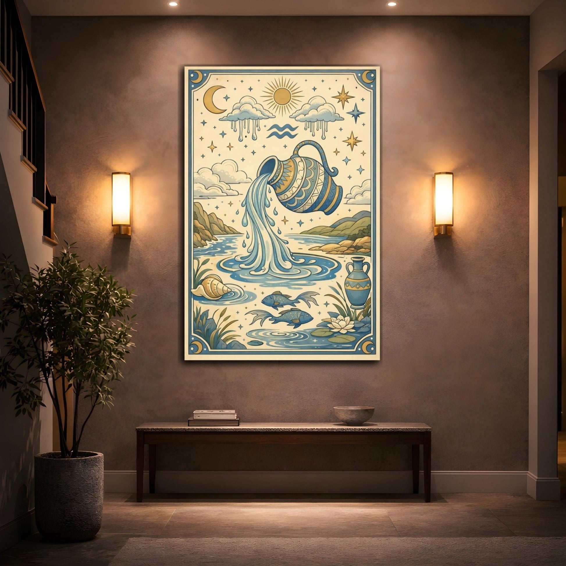Fairytale Water Bearer Blue And Gold Zodiac - Canvas Wall Art Print - YesArtYes
