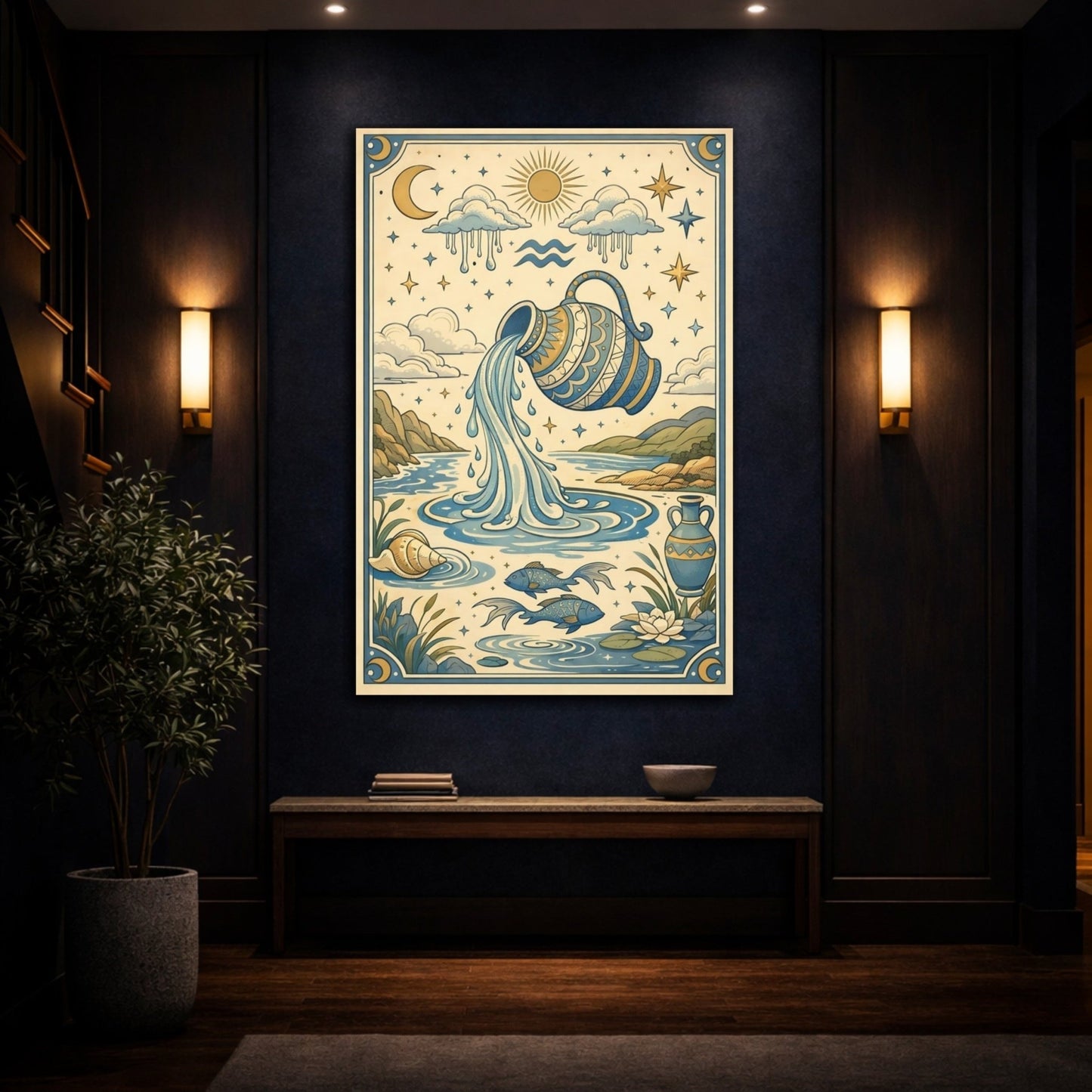 Fairytale Water Bearer Blue And Gold Zodiac - Canvas Wall Art Print - YesArtYes