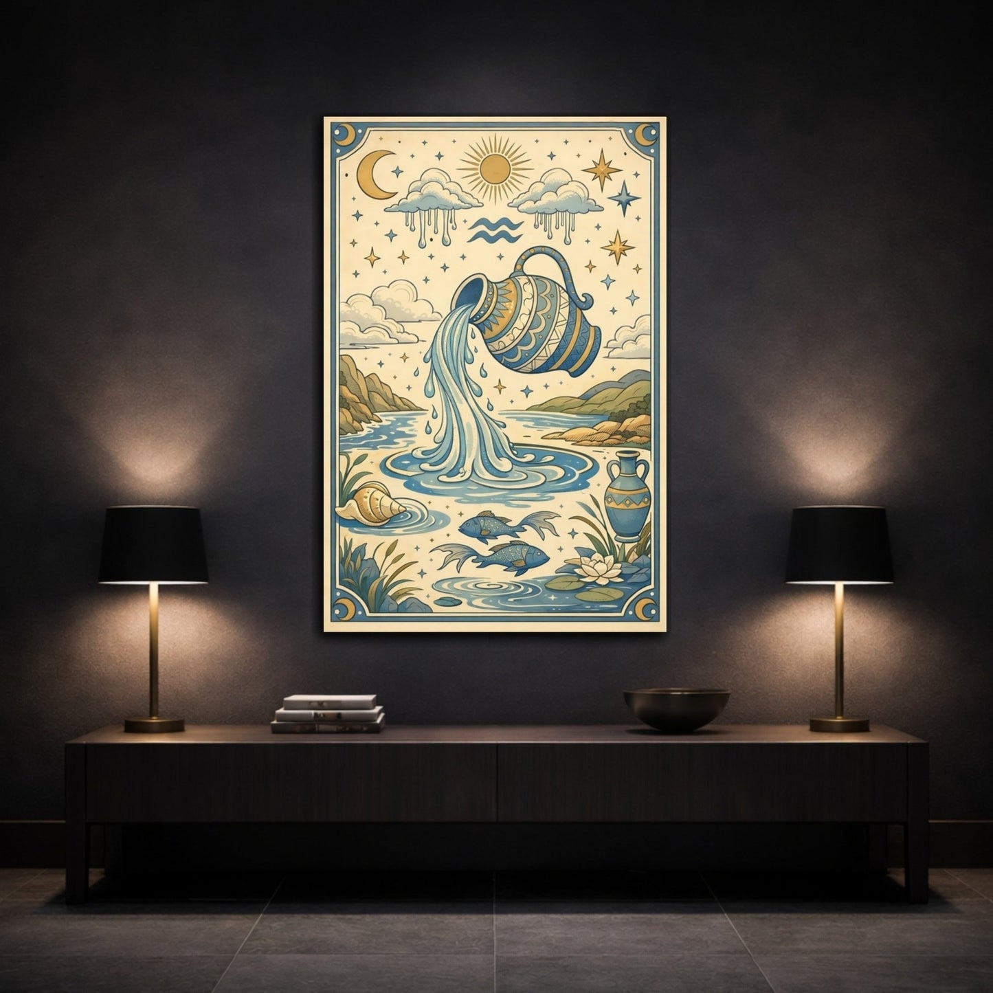 Fairytale Water Bearer Blue And Gold Zodiac - Canvas Wall Art Print - YesArtYes