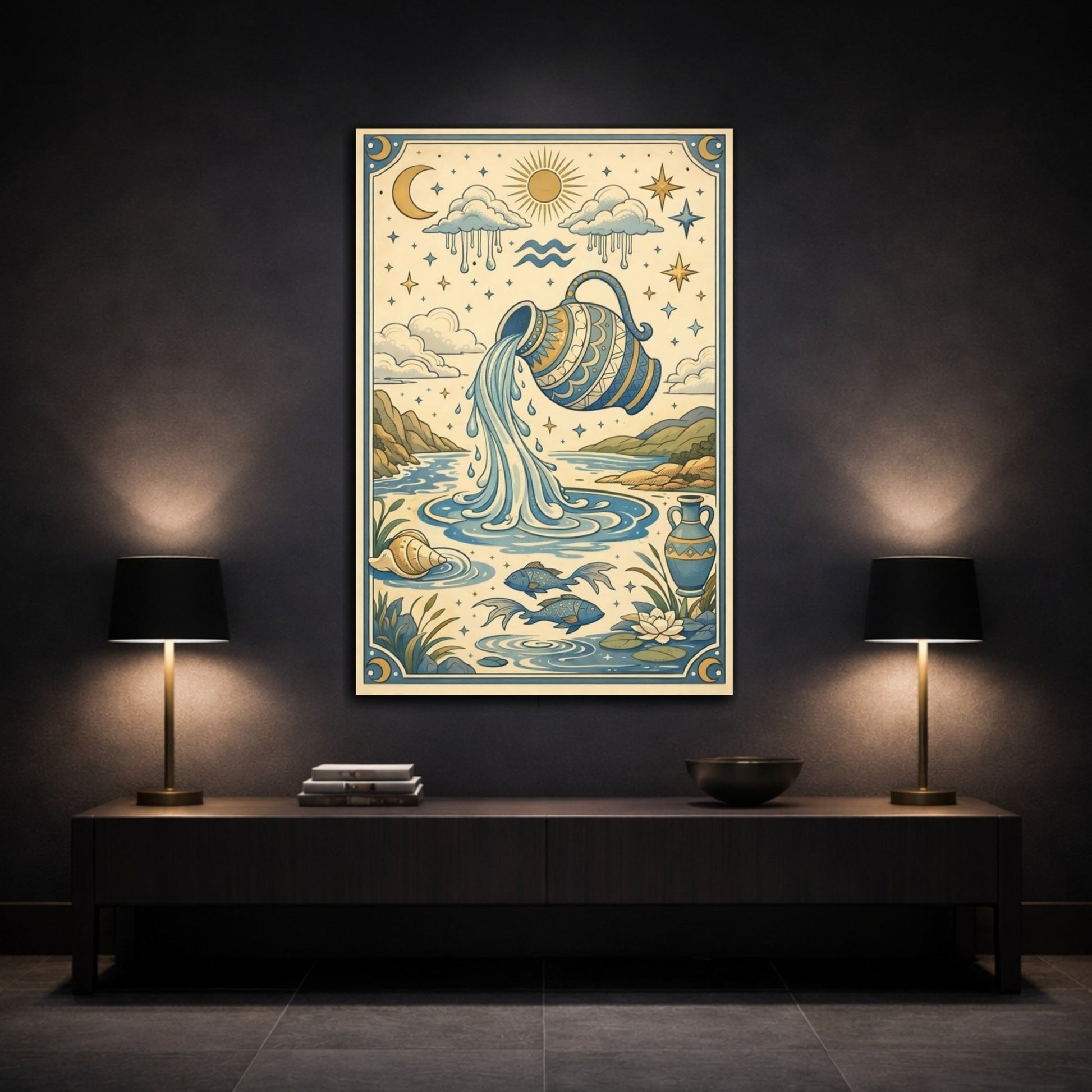 Fairytale Water Bearer Blue And Gold Zodiac - Canvas Wall Art Print - YesArtYes