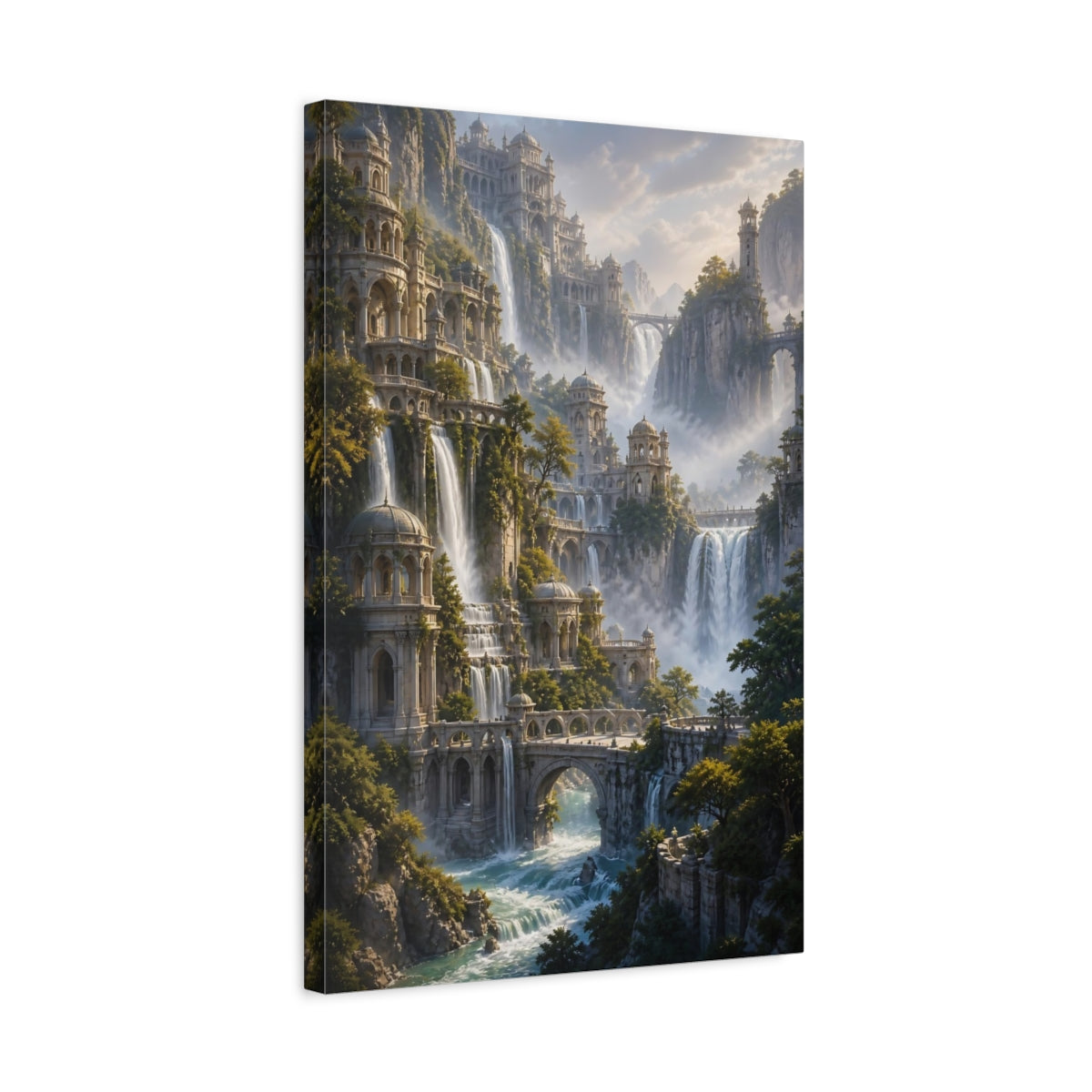 Side Mockup 3. Fairytale Waterfall Palace shown as canvas print