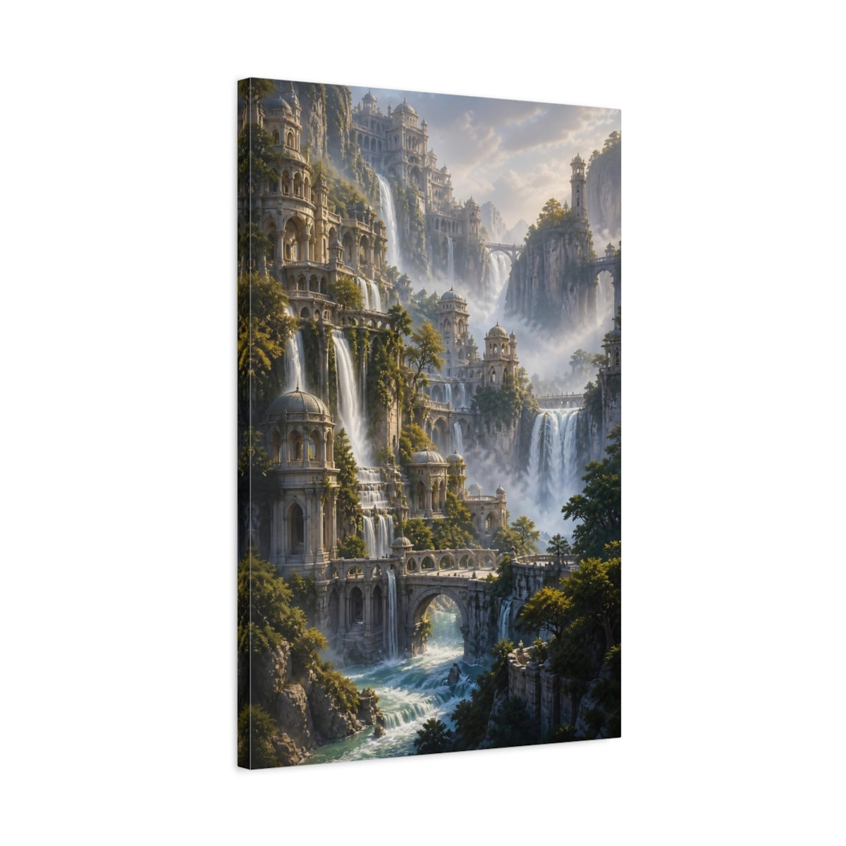 Side Mockup 2. Fairytale Waterfall Palace shown as canvas print