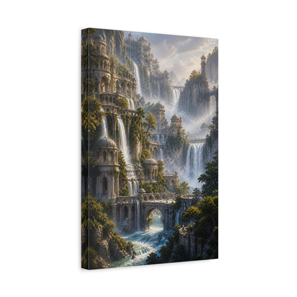 Side Mockup 4. Fairytale Waterfall Palace shown as canvas print