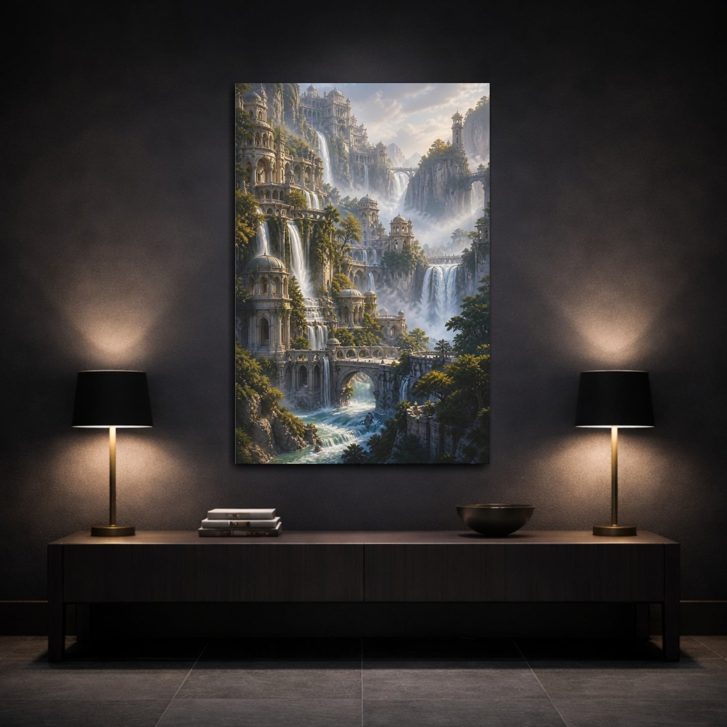 Mockup 3. Fairytale Waterfall Palace shown as canvas print