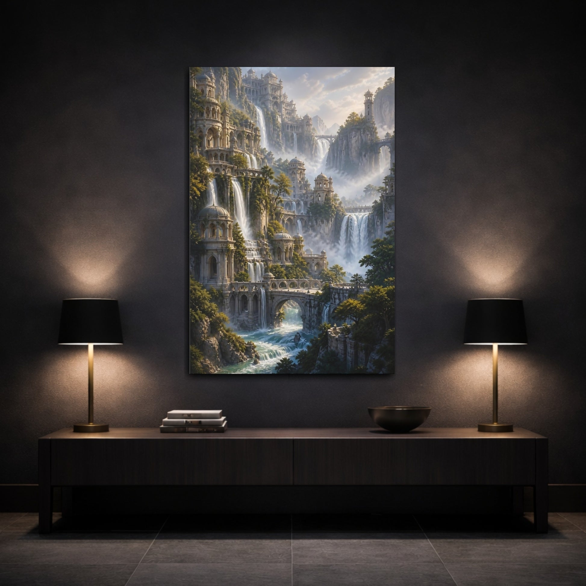 Mockup 3. Fairytale Waterfall Palace shown as canvas print