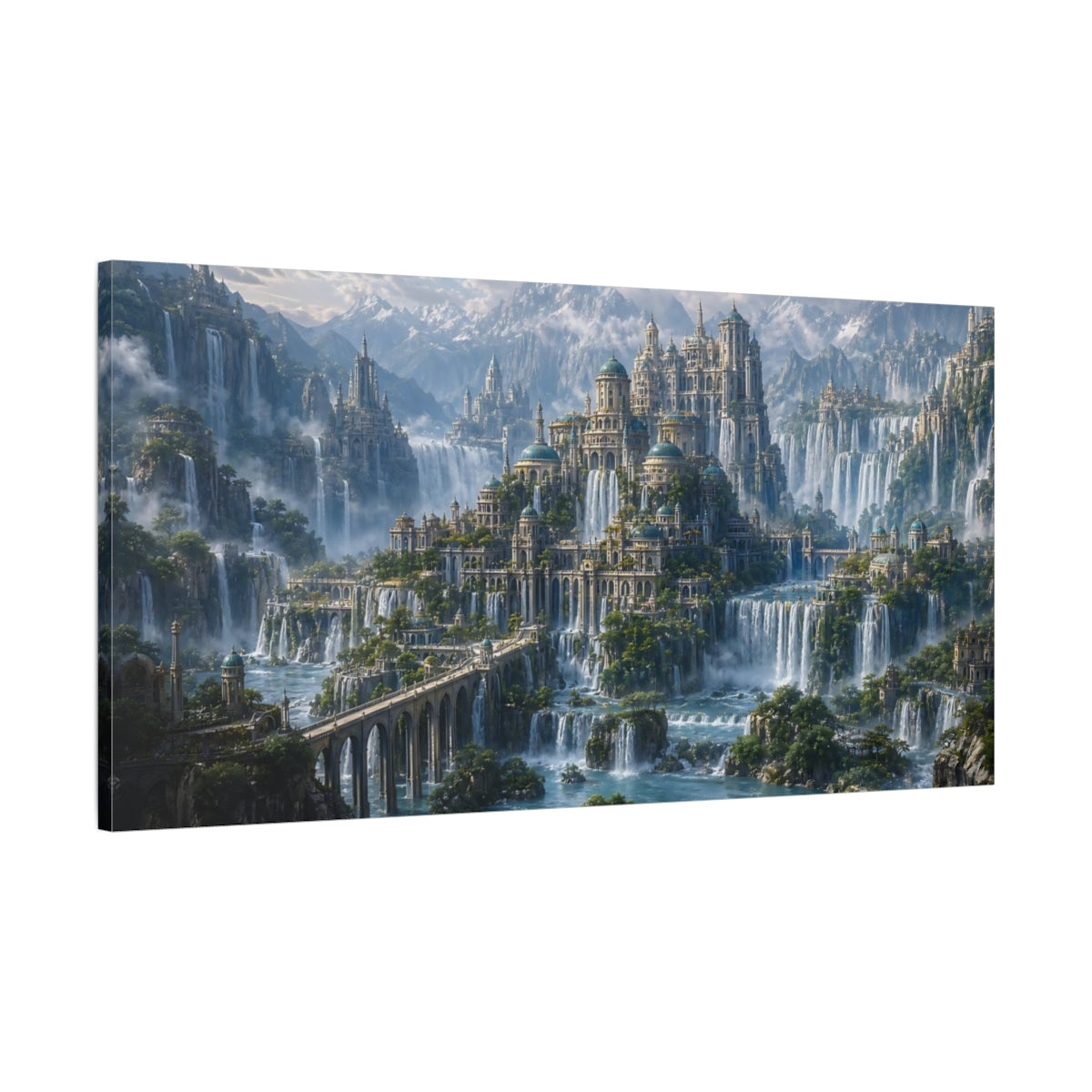 Main Mockup. Fairytale Waterfalls City Fantasy Cityscape shown as stretched canvas wall art