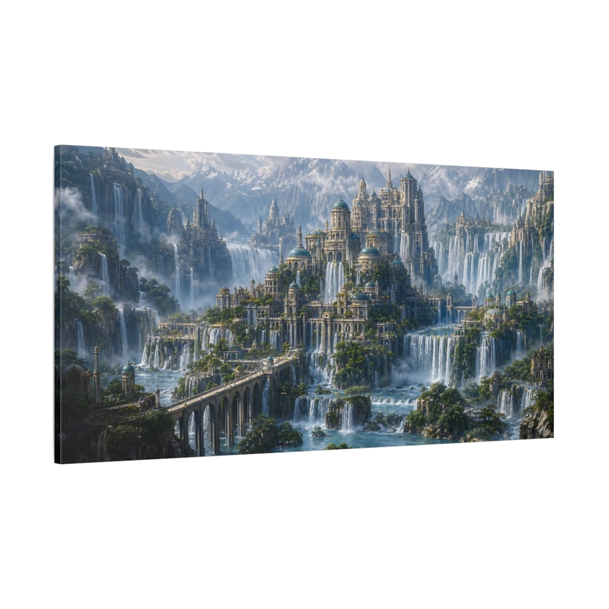 Side Mockup 2. Fairytale Waterfalls City Fantasy Cityscape shown as stretched canvas wall art