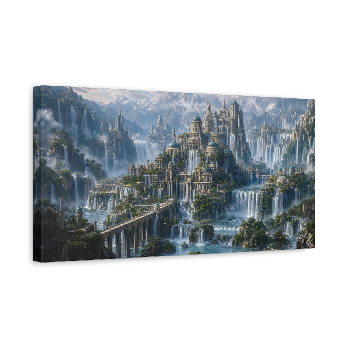 Side Mockup 3. Fairytale Waterfalls City Fantasy Cityscape shown as stretched canvas wall art