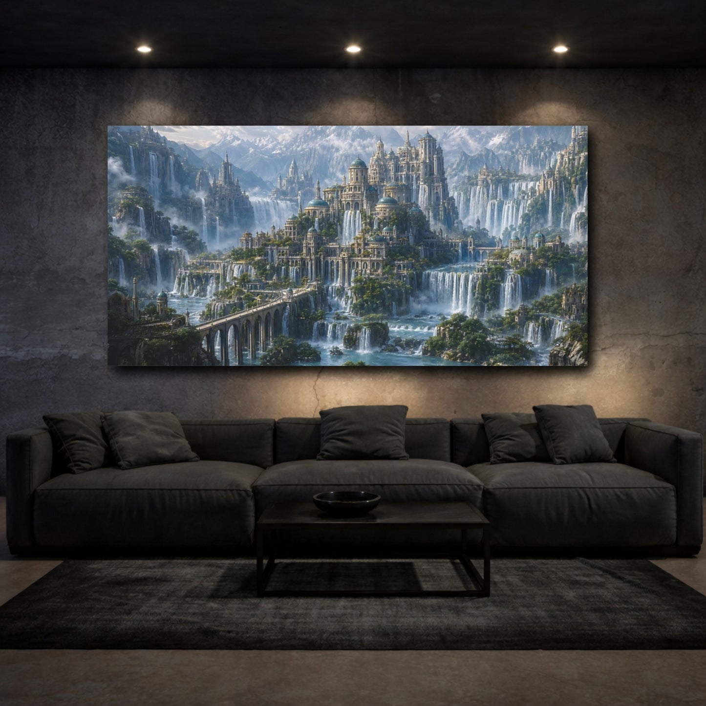 Mockup 2. Fairytale Waterfalls City Fantasy Cityscape shown as stretched canvas wall art