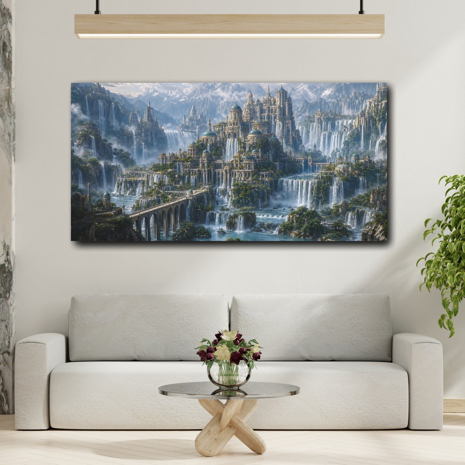 Mockup 3. Fairytale Waterfalls City Fantasy Cityscape shown as stretched canvas wall art