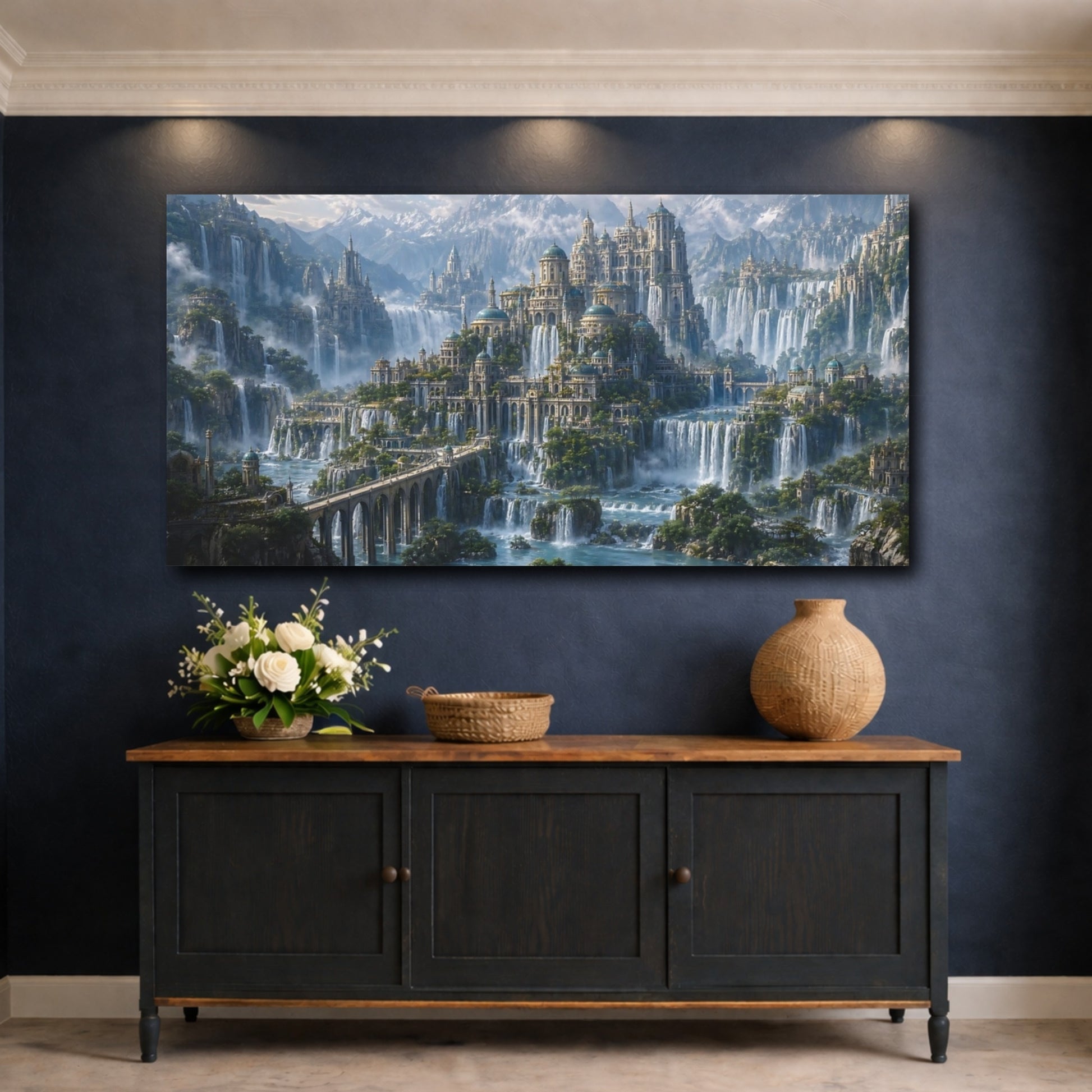 Mockup 4. Fairytale Waterfalls City Fantasy Cityscape shown as stretched canvas wall art