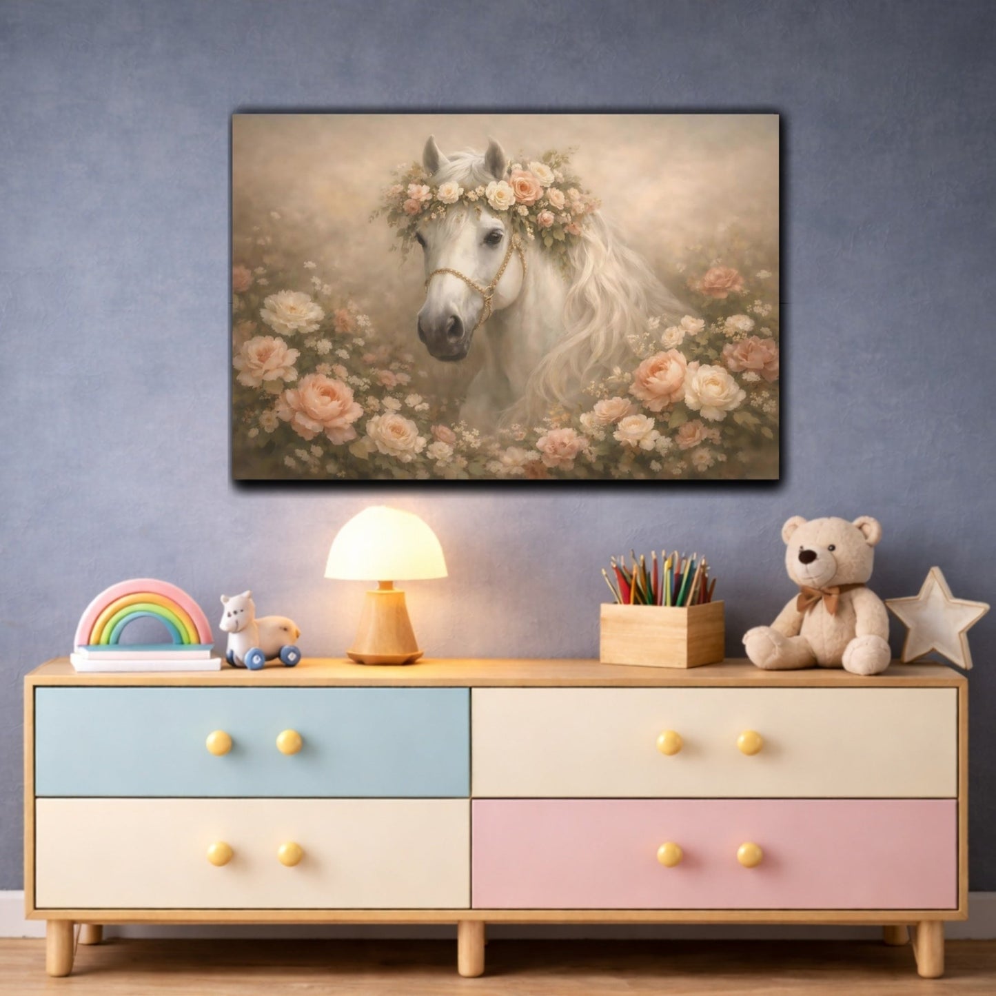 Fairytale White Horse Flowers - Canvas Wall Art Print - YesArtYes