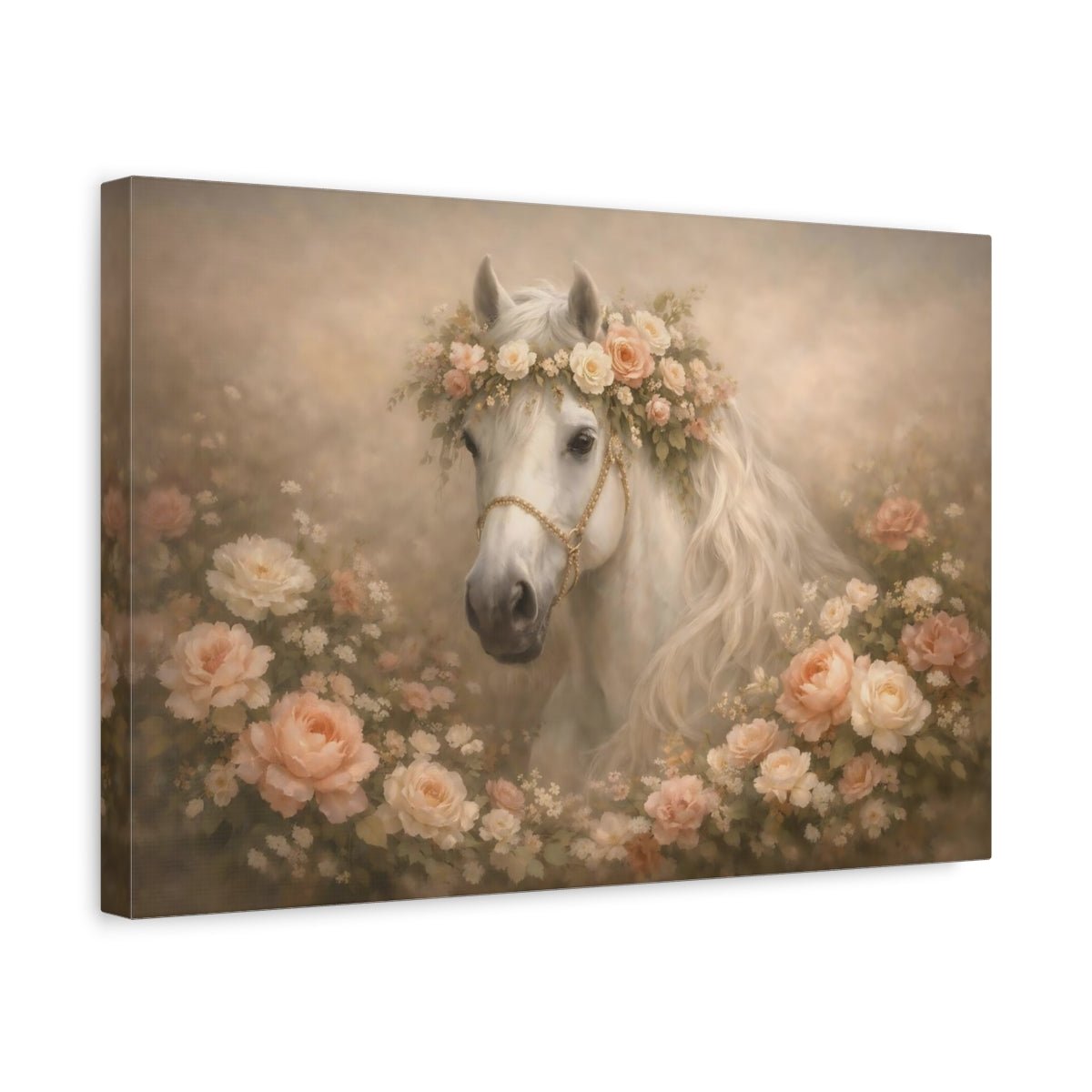 Fairytale White Horse Flowers - Canvas Wall Art Print - YesArtYes