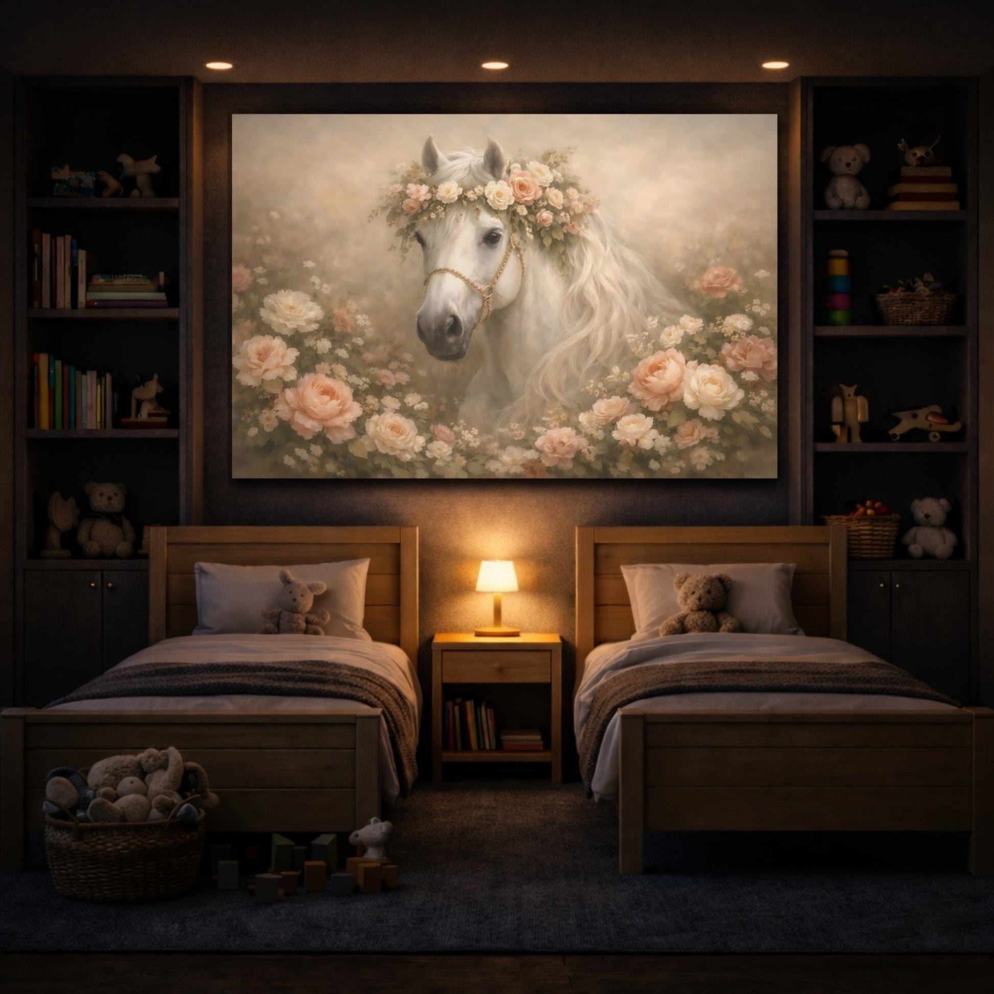 Fairytale White Horse Flowers - Canvas Wall Art Print - YesArtYes