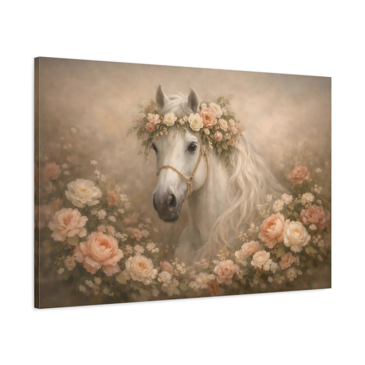 Fairytale White Horse Flowers - Canvas Wall Art Print - YesArtYes