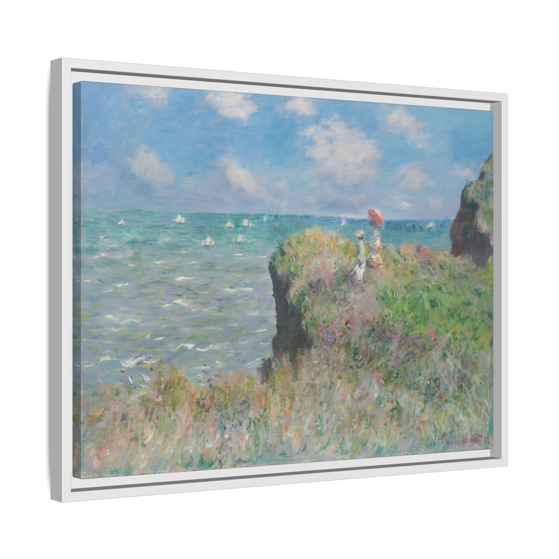 Famous Monet Framed Canvas Print - Cliff Walk at Pourville Wall Art