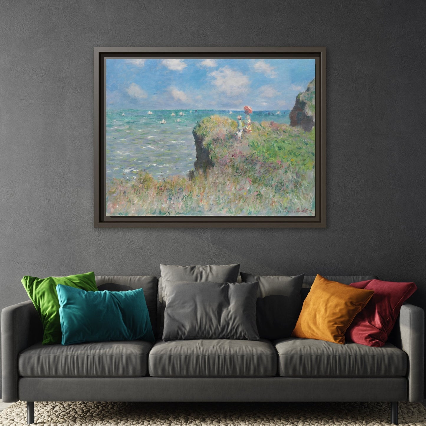 Famous Monet Framed Canvas Print - Cliff Walk at Pourville Wall Art