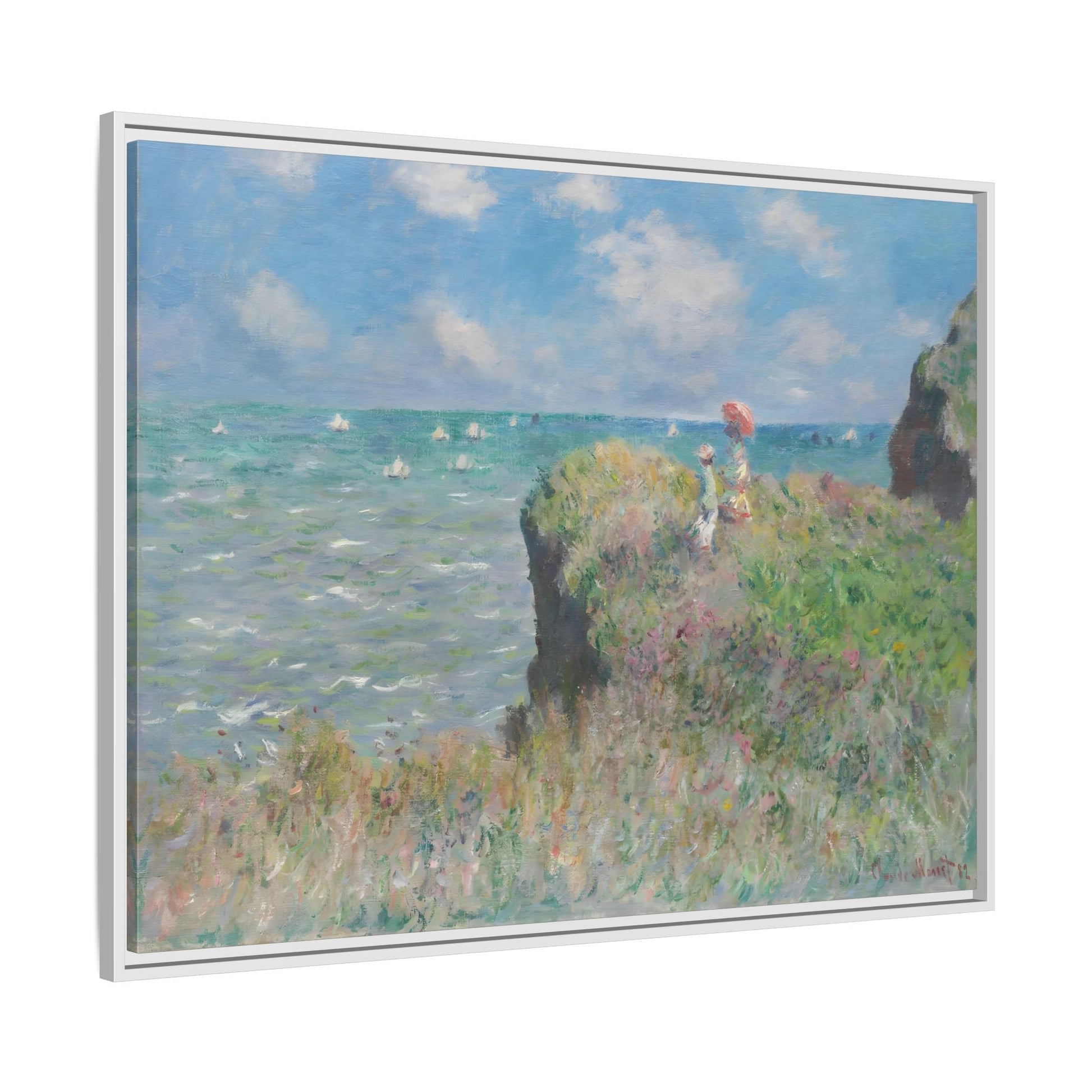 Famous Monet Framed Canvas Print - Cliff Walk at Pourville Wall Art