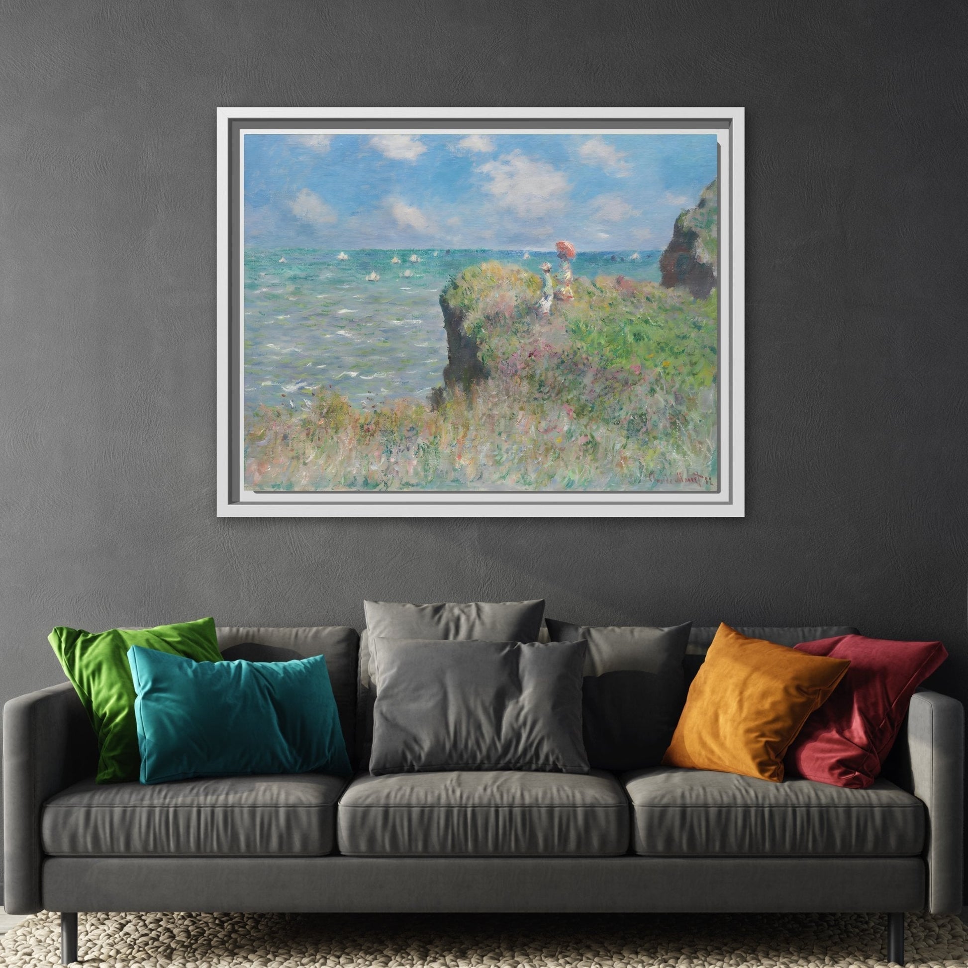 Famous Monet Framed Canvas Print - Cliff Walk at Pourville Wall Art