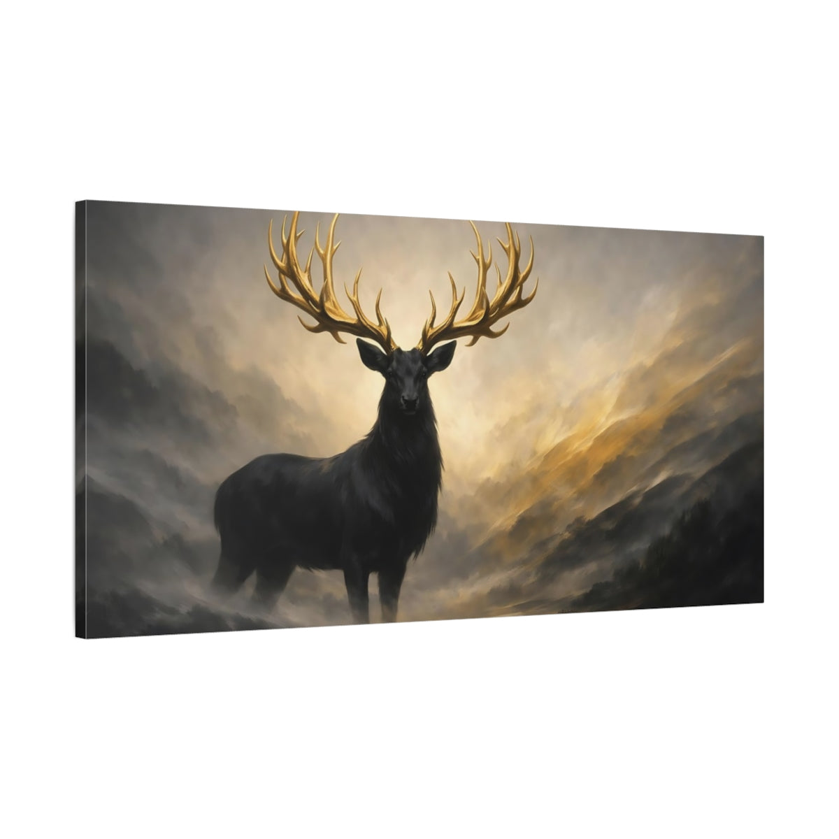 Side Mockup 1. Animals Golden Stag Black Gold Stag shown as stretched canvas wall art