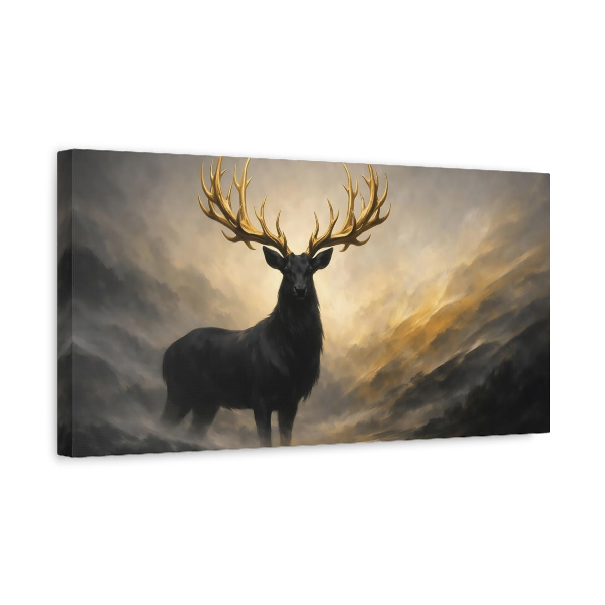 Side Mockup 3. Animals Golden Stag Black Gold Stag shown as stretched canvas wall art