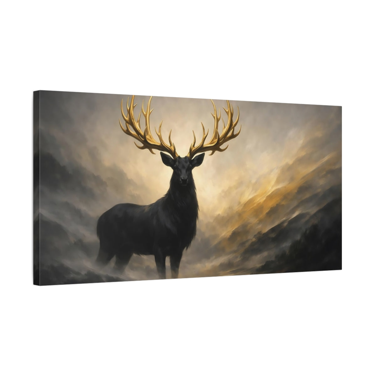 Side Mockup 2. Animals Golden Stag Black Gold Stag shown as stretched canvas wall art