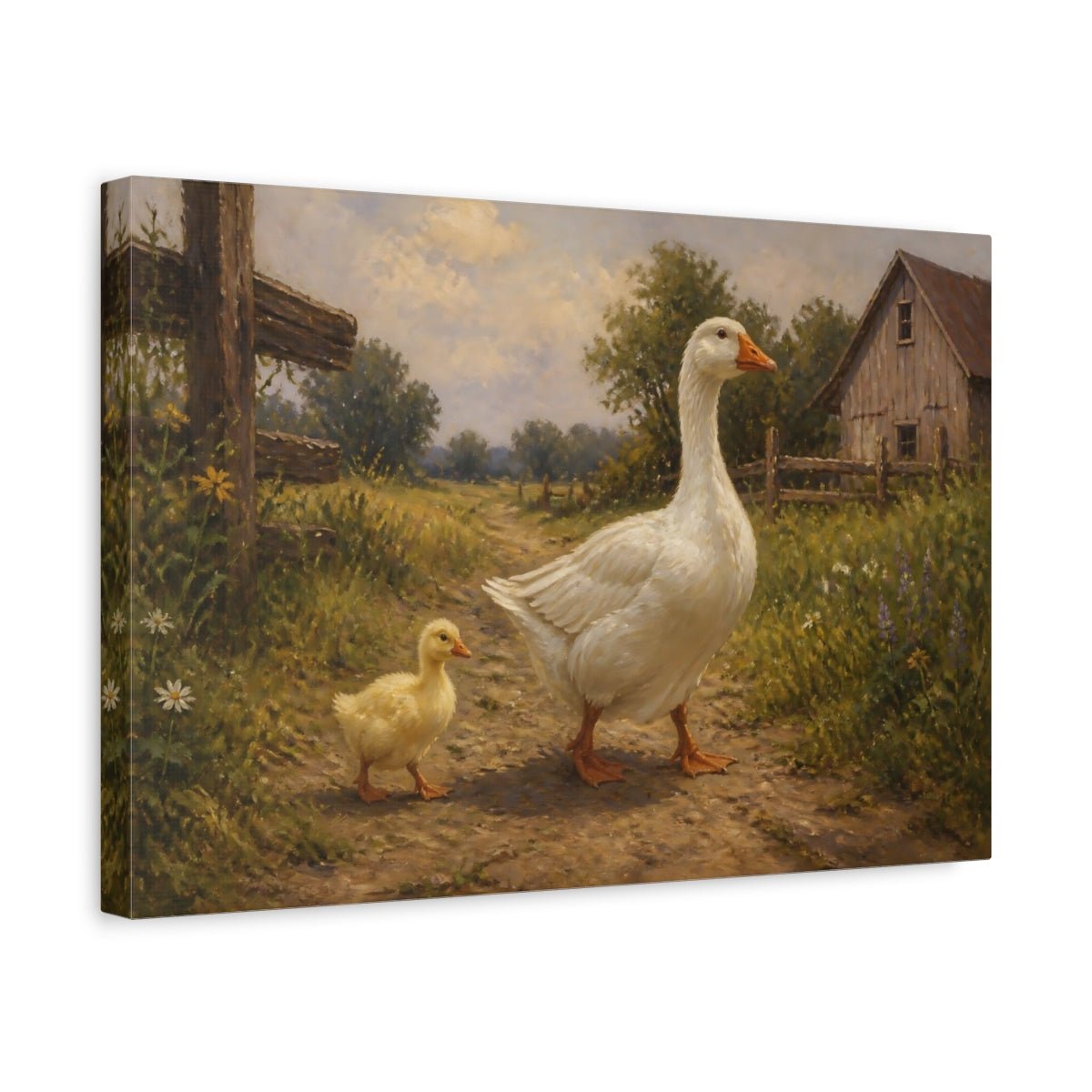 Farm Animals Goose Pair Canvas Print – Living Room, Above Console Table, Muted Greens & Warm Beige - YesArtYes