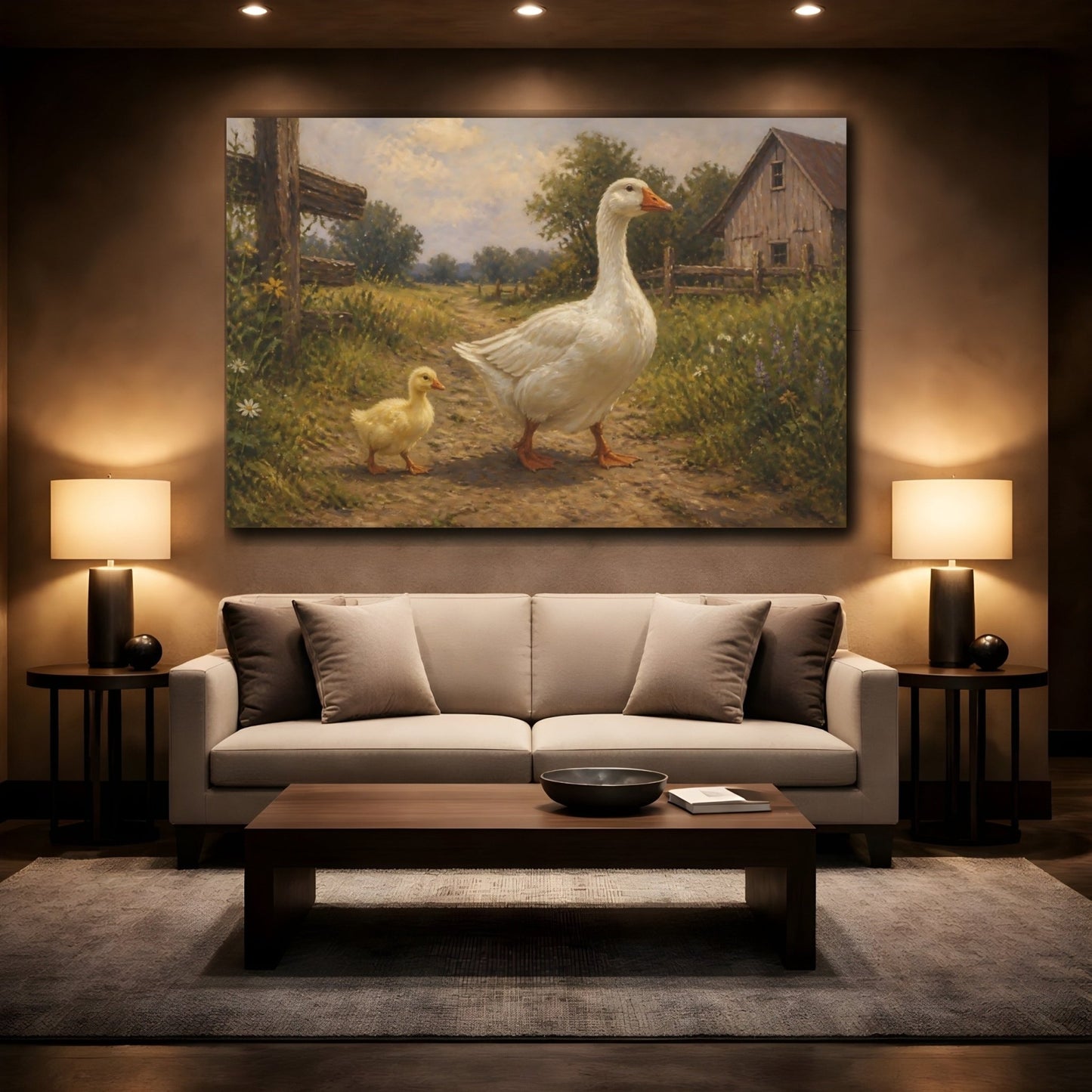 Farm Animals Goose Pair Canvas Print – Living Room, Above Console Table, Muted Greens & Warm Beige - YesArtYes