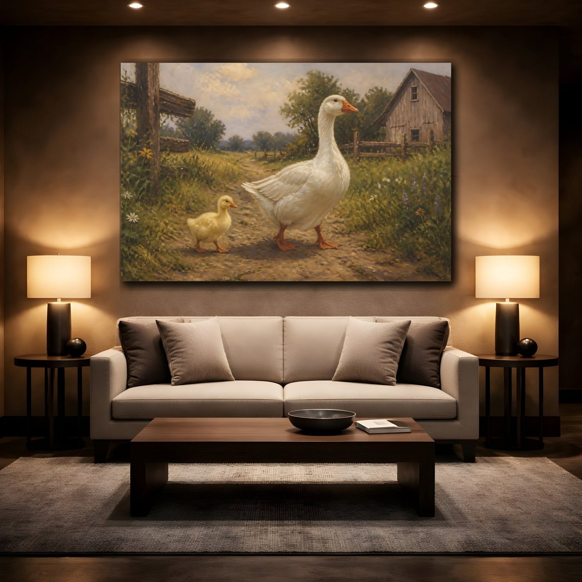 Farm Animals Goose Pair Canvas Print – Living Room, Above Console Table, Muted Greens & Warm Beige - YesArtYes