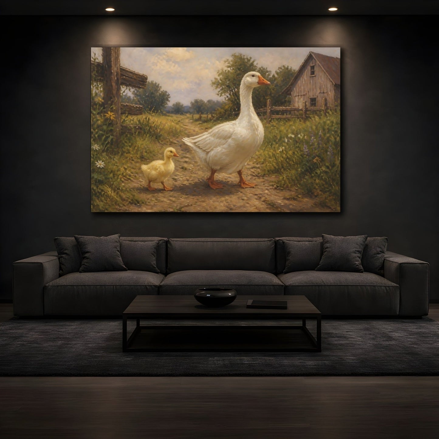 Farm Animals Goose Pair Canvas Print – Living Room, Above Console Table, Muted Greens & Warm Beige - YesArtYes