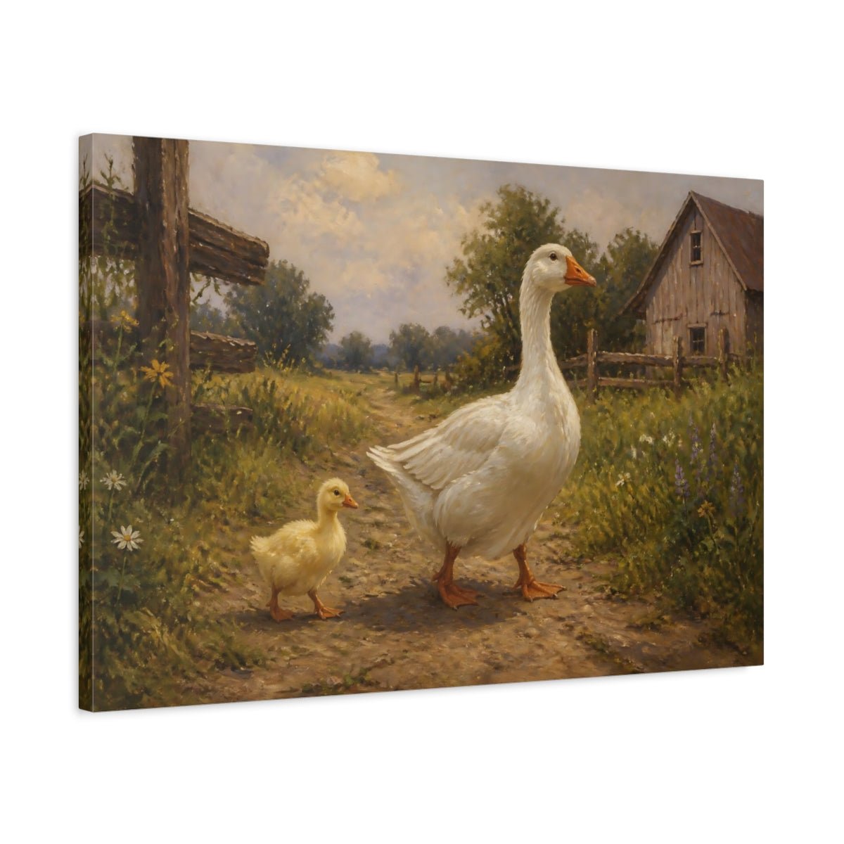 Farm Animals Goose Pair Canvas Print – Living Room, Above Console Table, Muted Greens & Warm Beige - YesArtYes