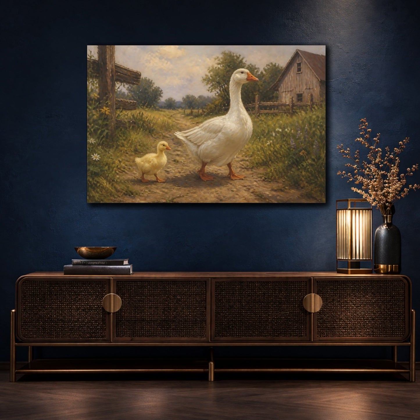 Farm Animals Goose Pair Canvas Print – Living Room, Above Console Table, Muted Greens & Warm Beige - YesArtYes