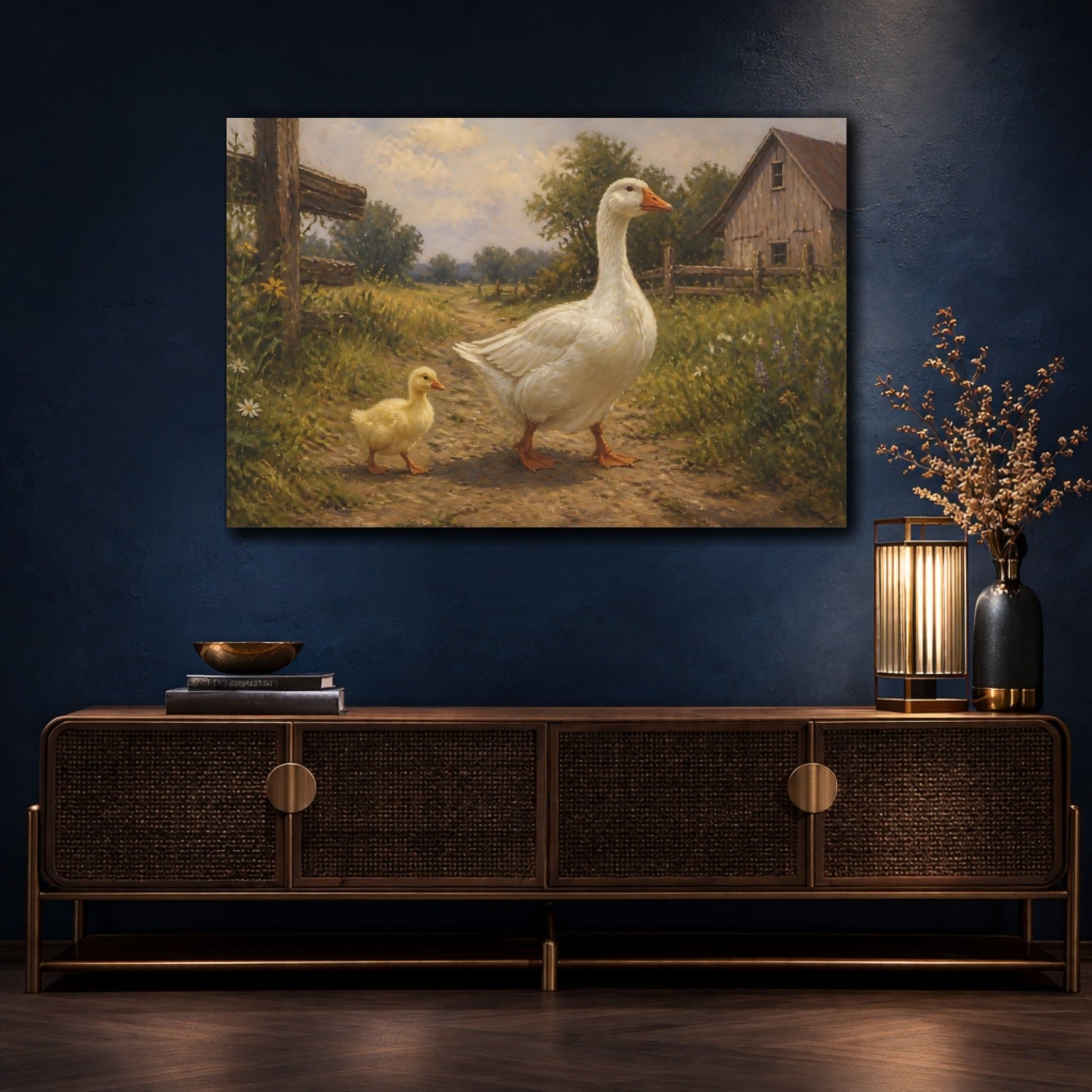 Farm Animals Goose Pair Canvas Print – Living Room, Above Console Table, Muted Greens & Warm Beige - YesArtYes