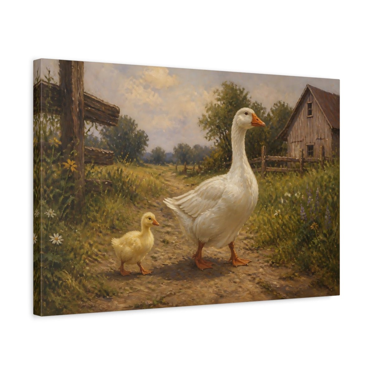 Farm Animals Goose Pair Canvas Print – Living Room, Above Console Table, Muted Greens & Warm Beige - YesArtYes