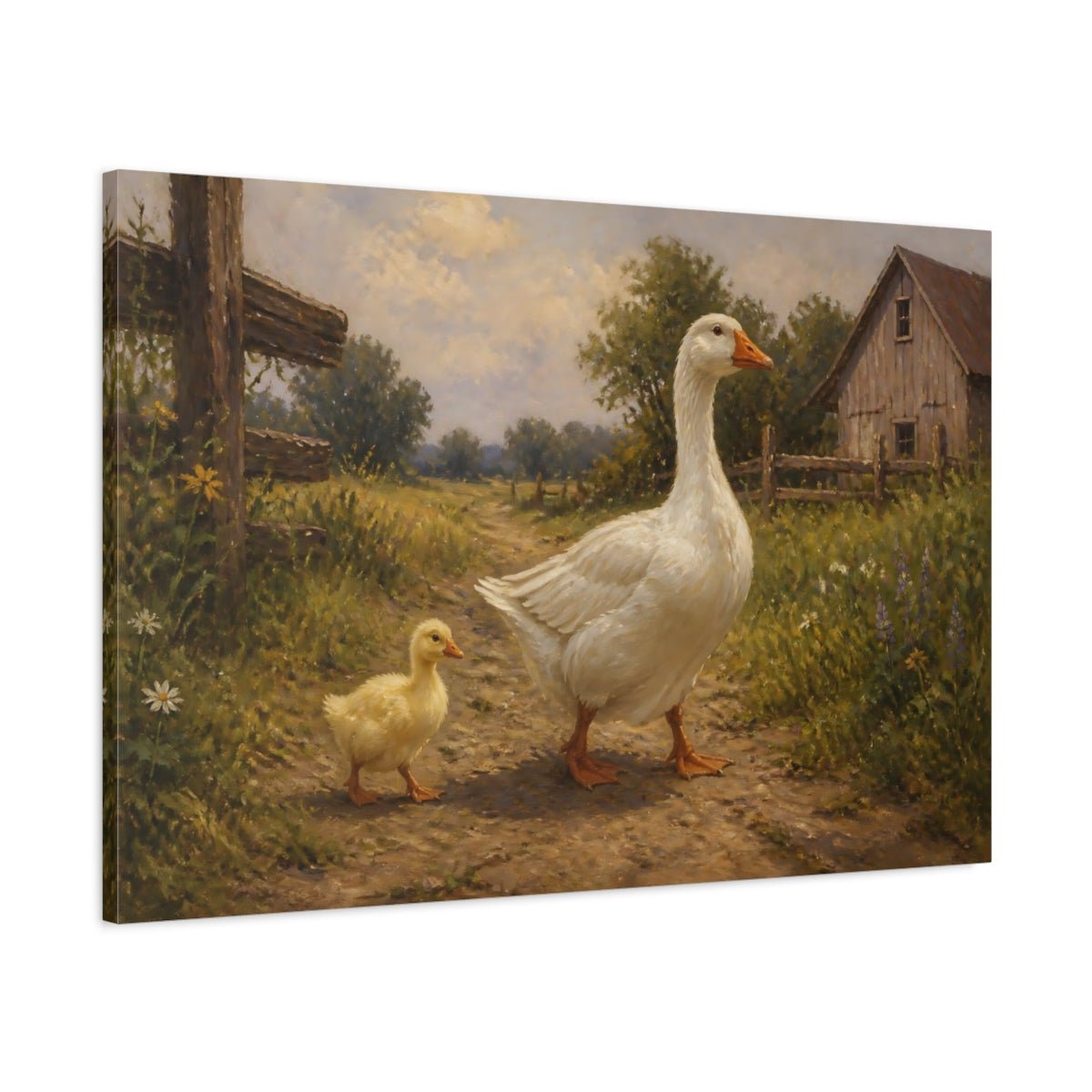 Farm Animals Goose Pair Canvas Print – Living Room, Above Console Table, Muted Greens & Warm Beige - YesArtYes